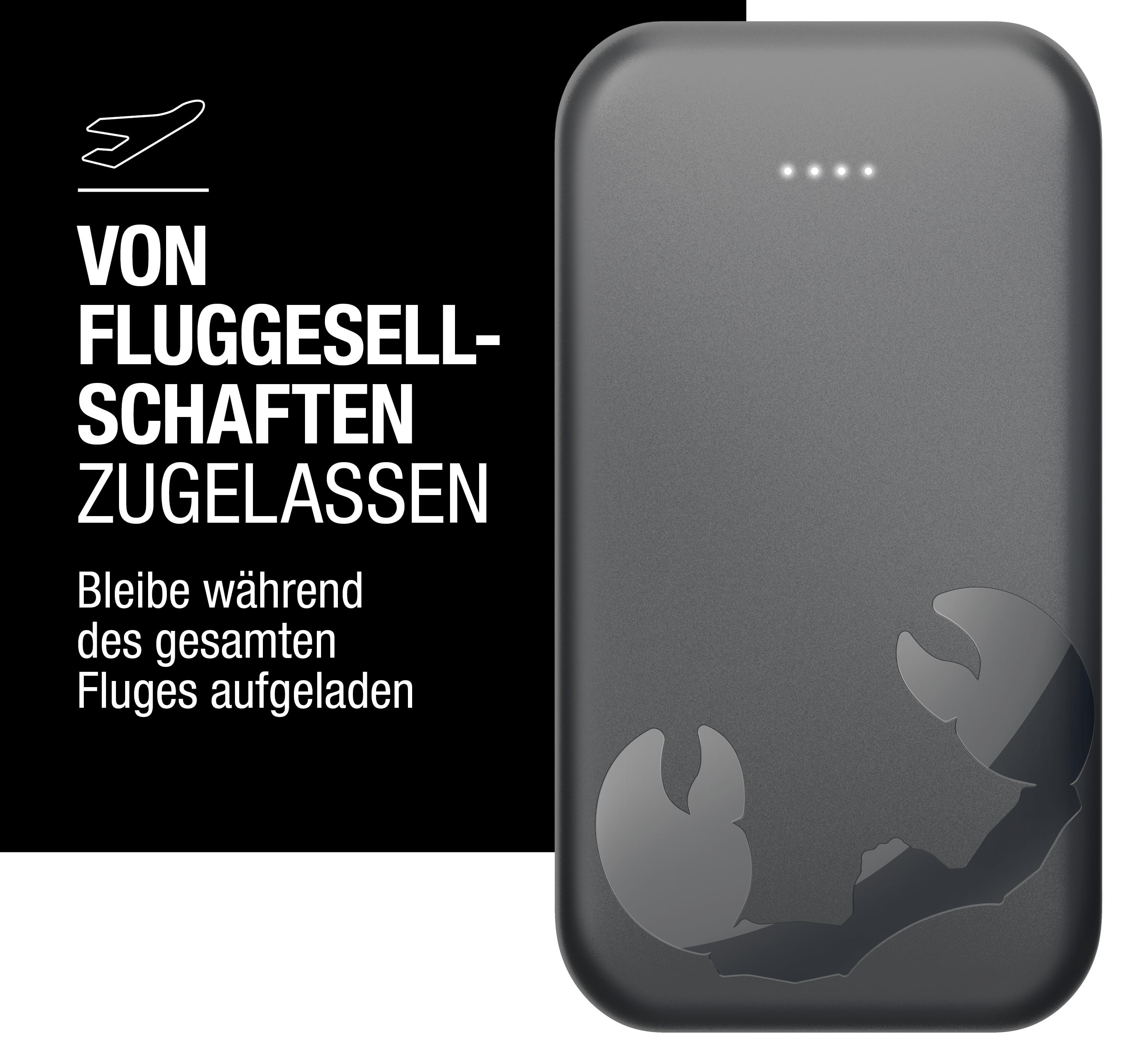 Grauer Powerbank mit Skorpion-Logo und Flugzeug-Symbol. Zugelassen von Fluggesellschaften.