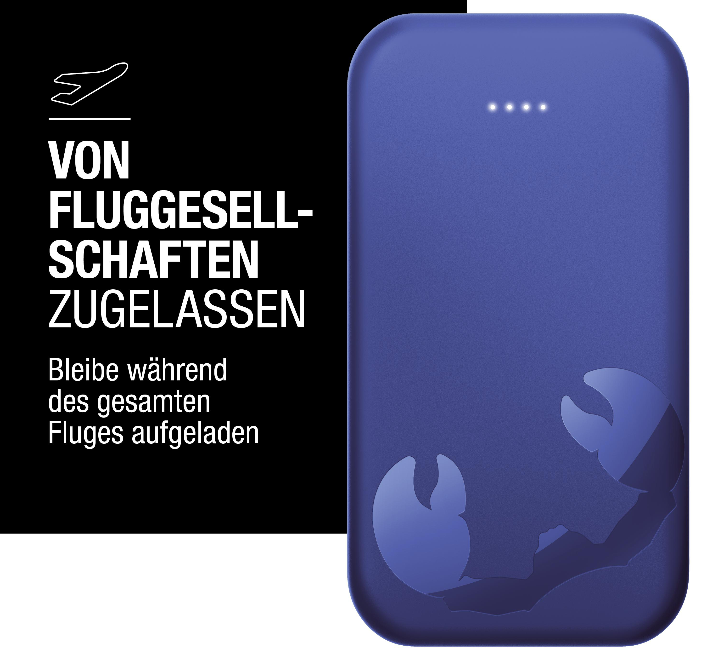 Blauer Akku mit Flugzeug-Symbol und deutscher Textanzeige.