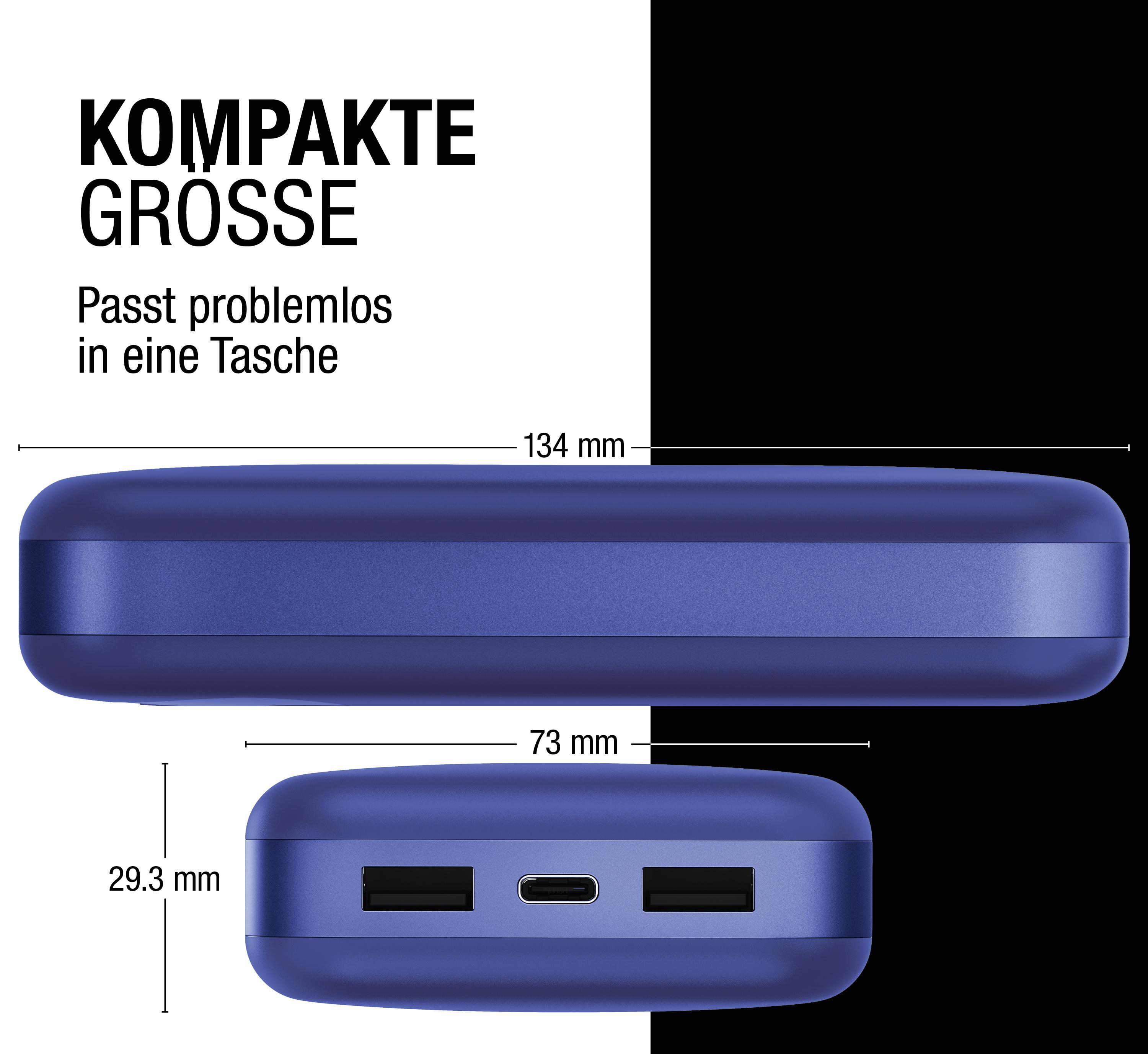 Ein blauer Powerbank-Akku mit Maßen von 134 mm Länge und 73 mm Breite.