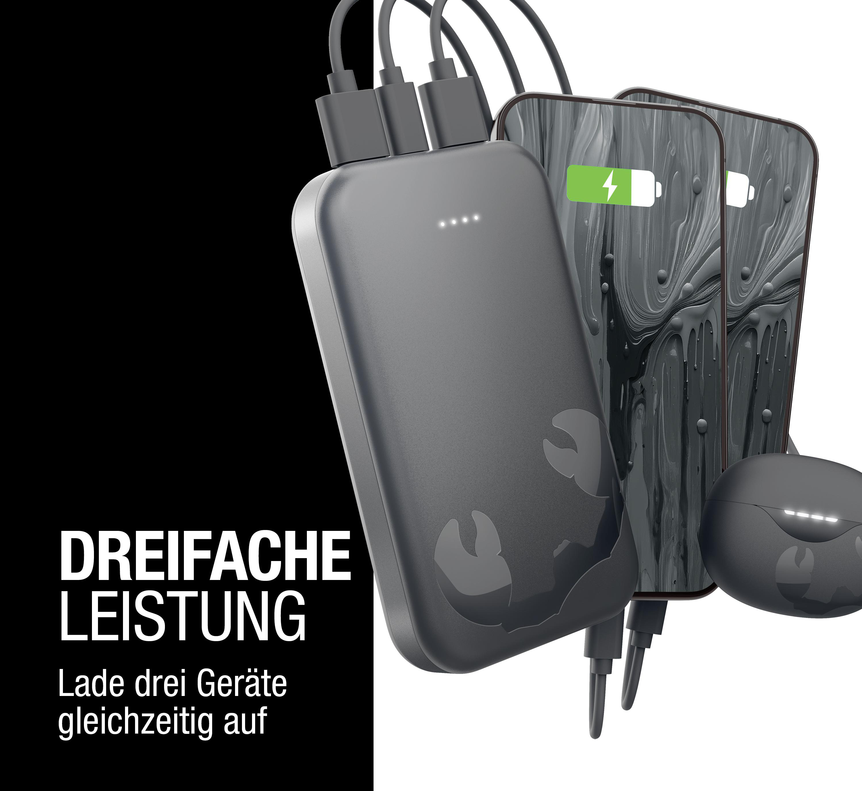 Grauer Powerbank lädt drei Smartphones und ein Earbud-Case. Text: Dreifache Leistung.