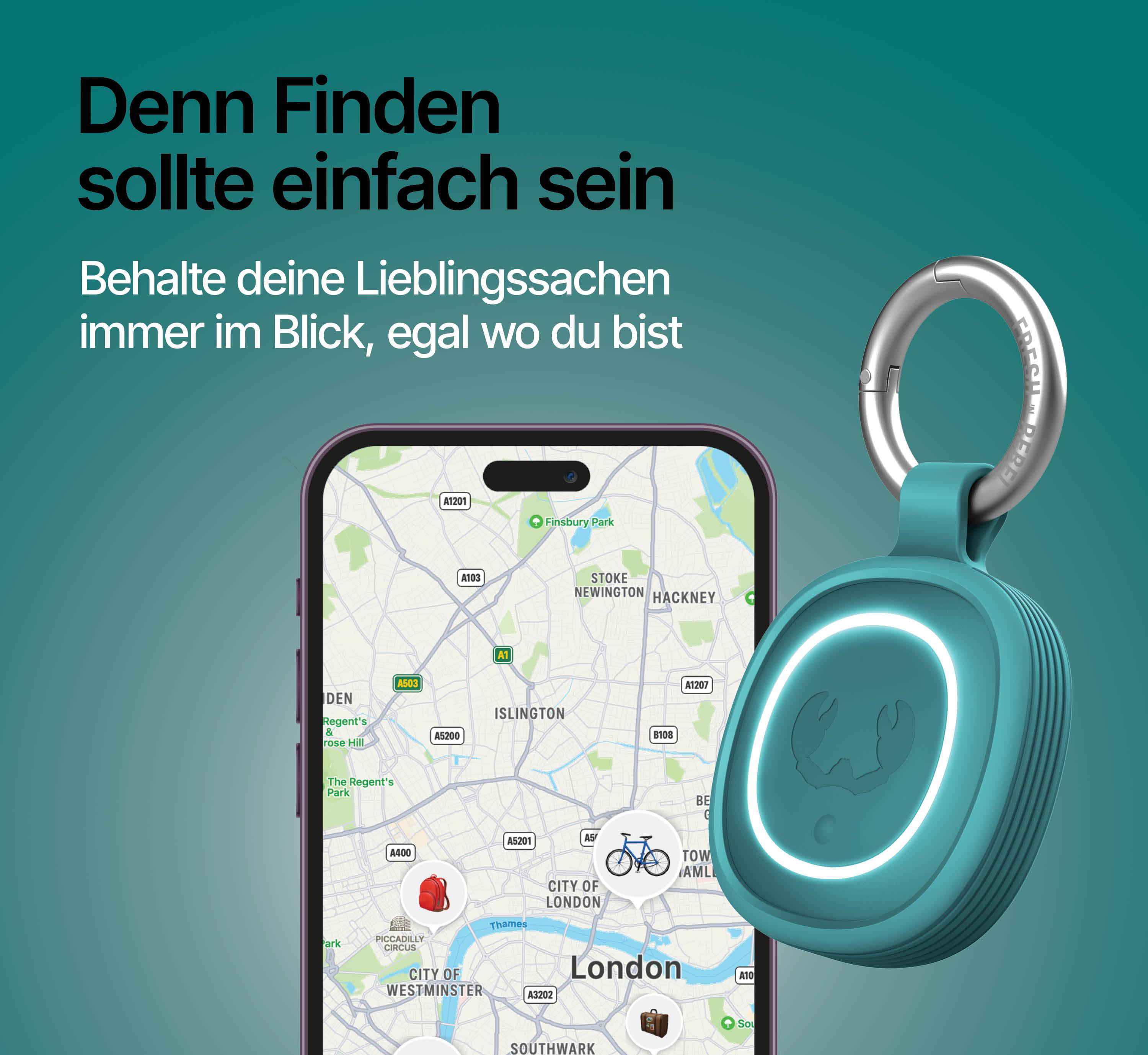 Ein türkisfarbener Tracker mit Leuchtring neben einem Smartphone mit London-Karte.