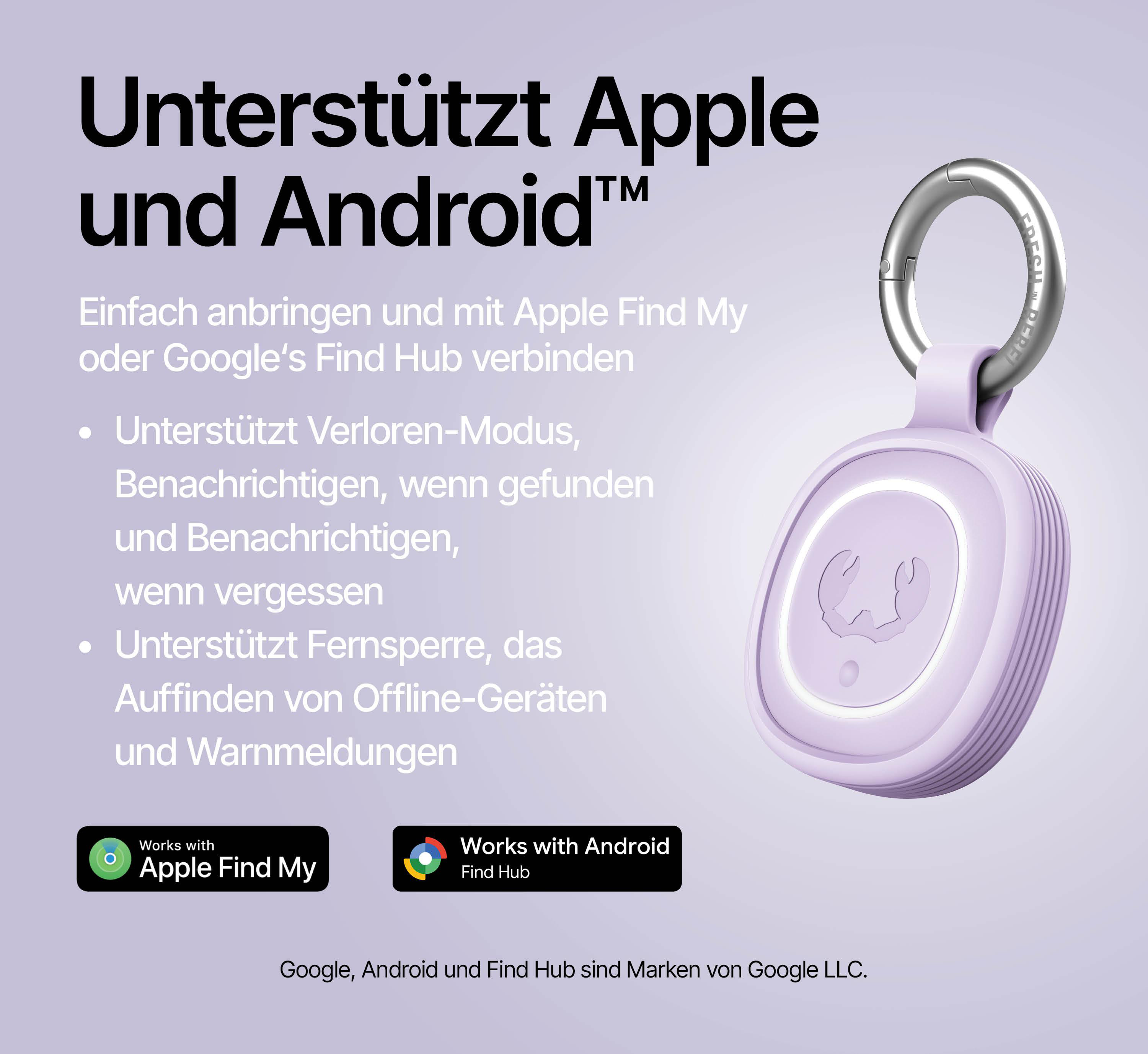 Ein lilafarbenes Gerät mit Schlüsselring, das Apple und Android unterstützt.