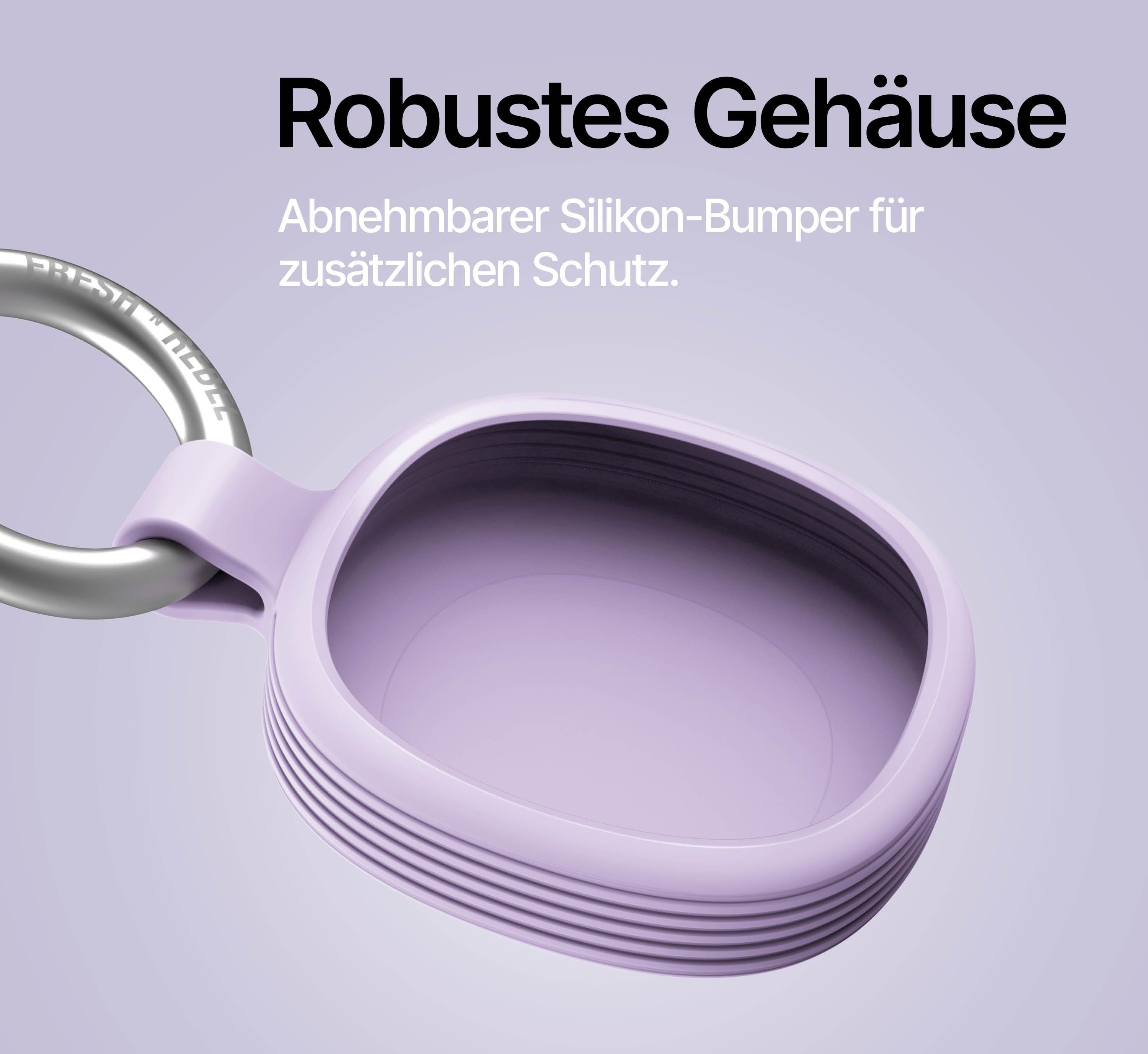 Ein lila Silikon-Bumper mit Metallring, der mit Streifen verziert ist.