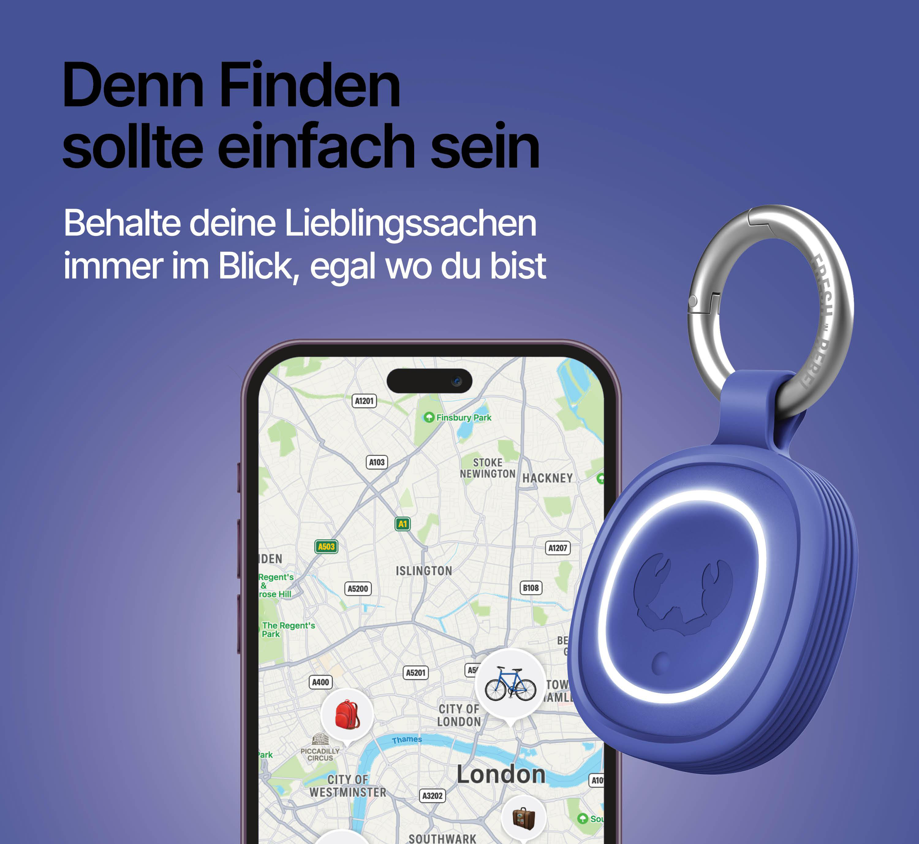 Ein blauer Tracker mit Leuchtring neben einem Smartphone mit London-Karte.
