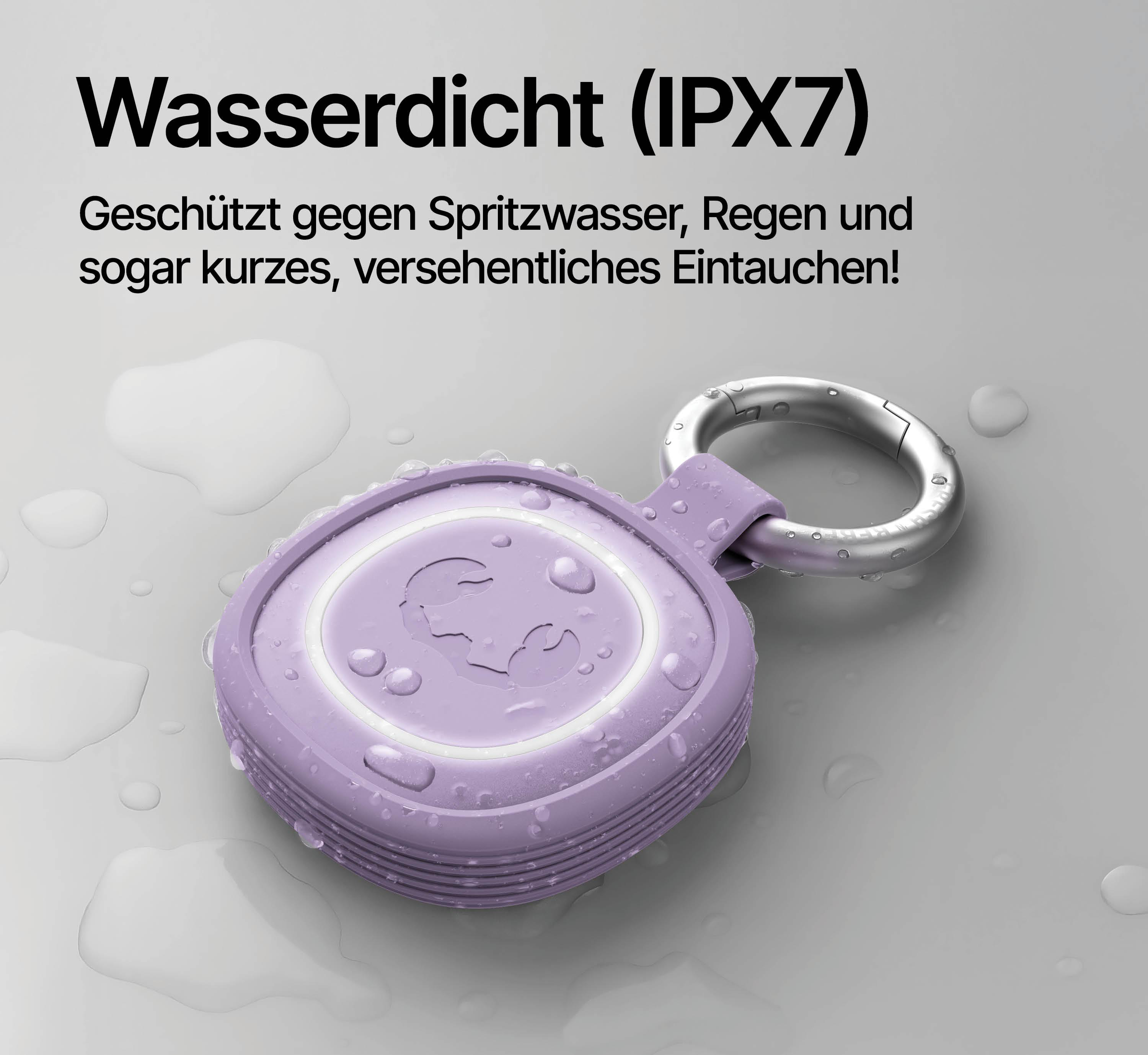 Lila wasserdichtes Gerät mit Metallring, bedeckt mit Wassertropfen.