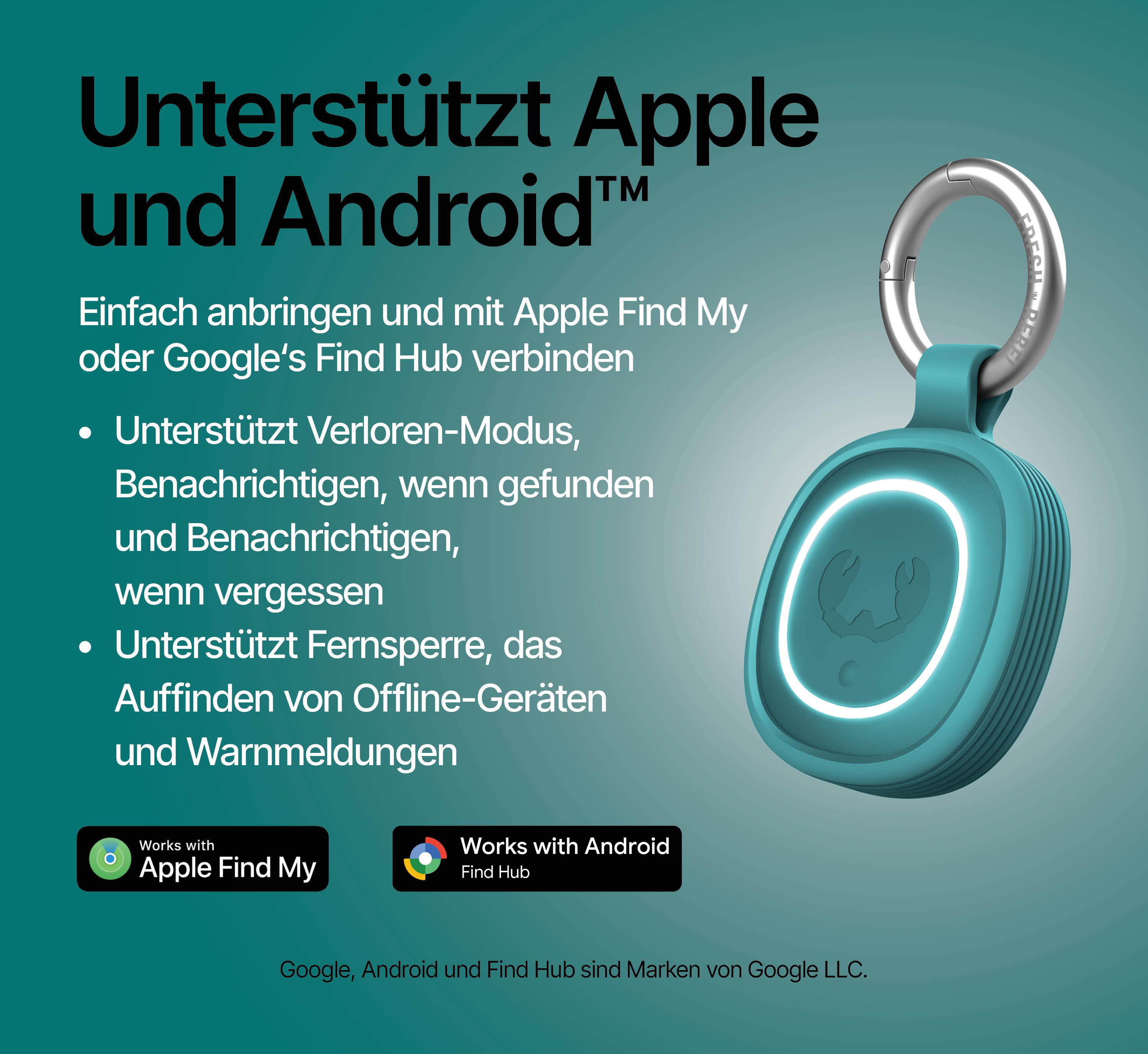 Türkis farbener Tracker mit Ring und leuchtendem Kreis. Unterstützt Apple und Android.