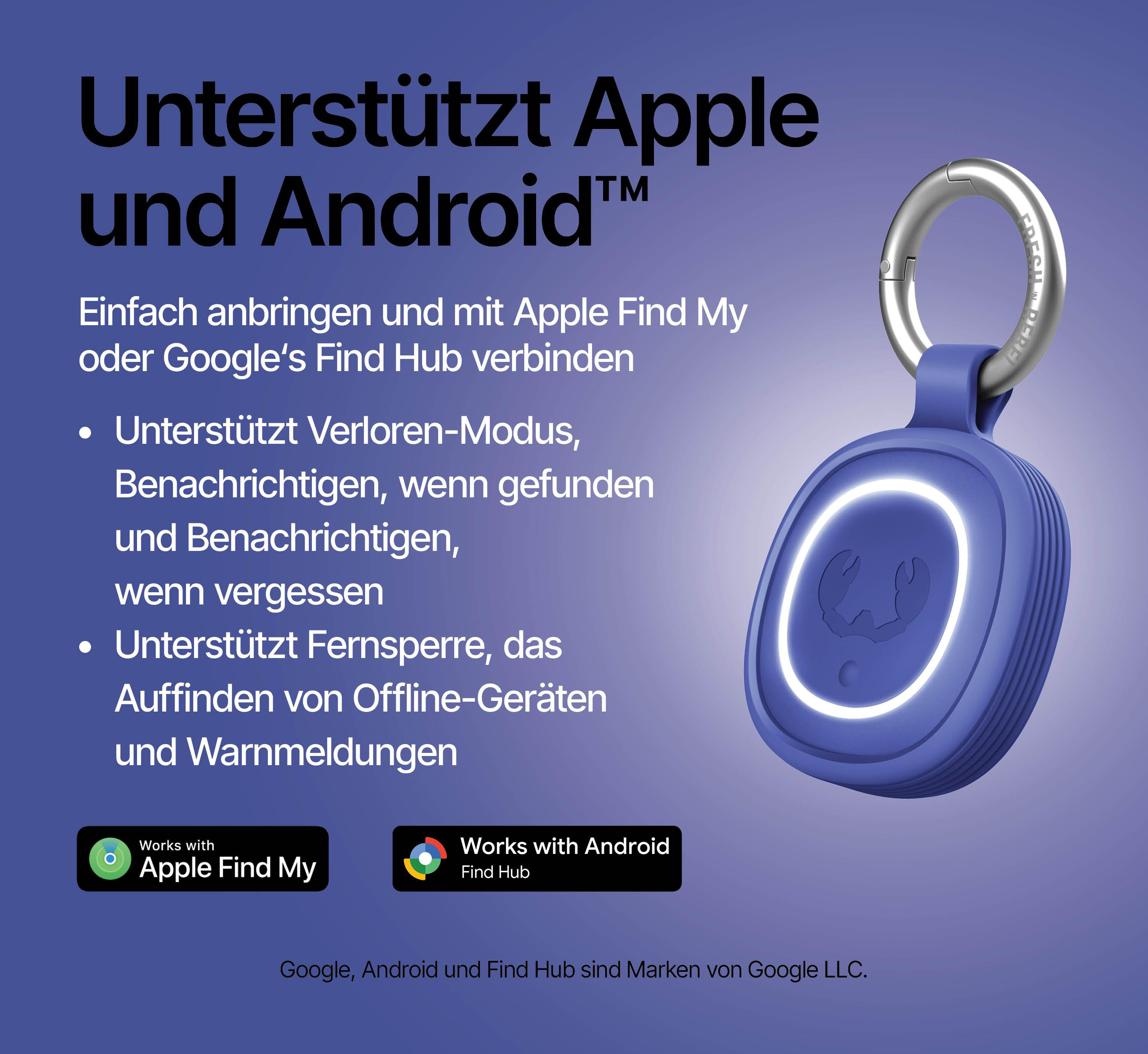 Ein blauer Tracker mit leuchtendem Kreis, Anhänger und Text über Apple/Android-Kompatibilität.