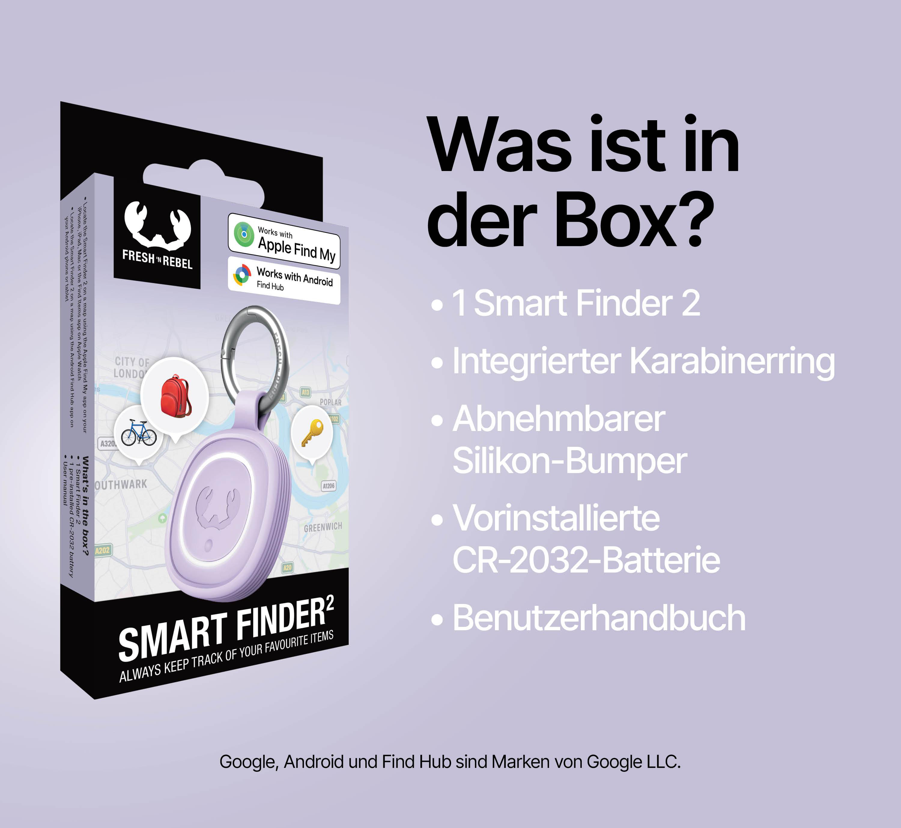 Lila Smart Finder 2 mit Schlüsselanhänger, Karte von London, Fahrrad und Rucksack.
