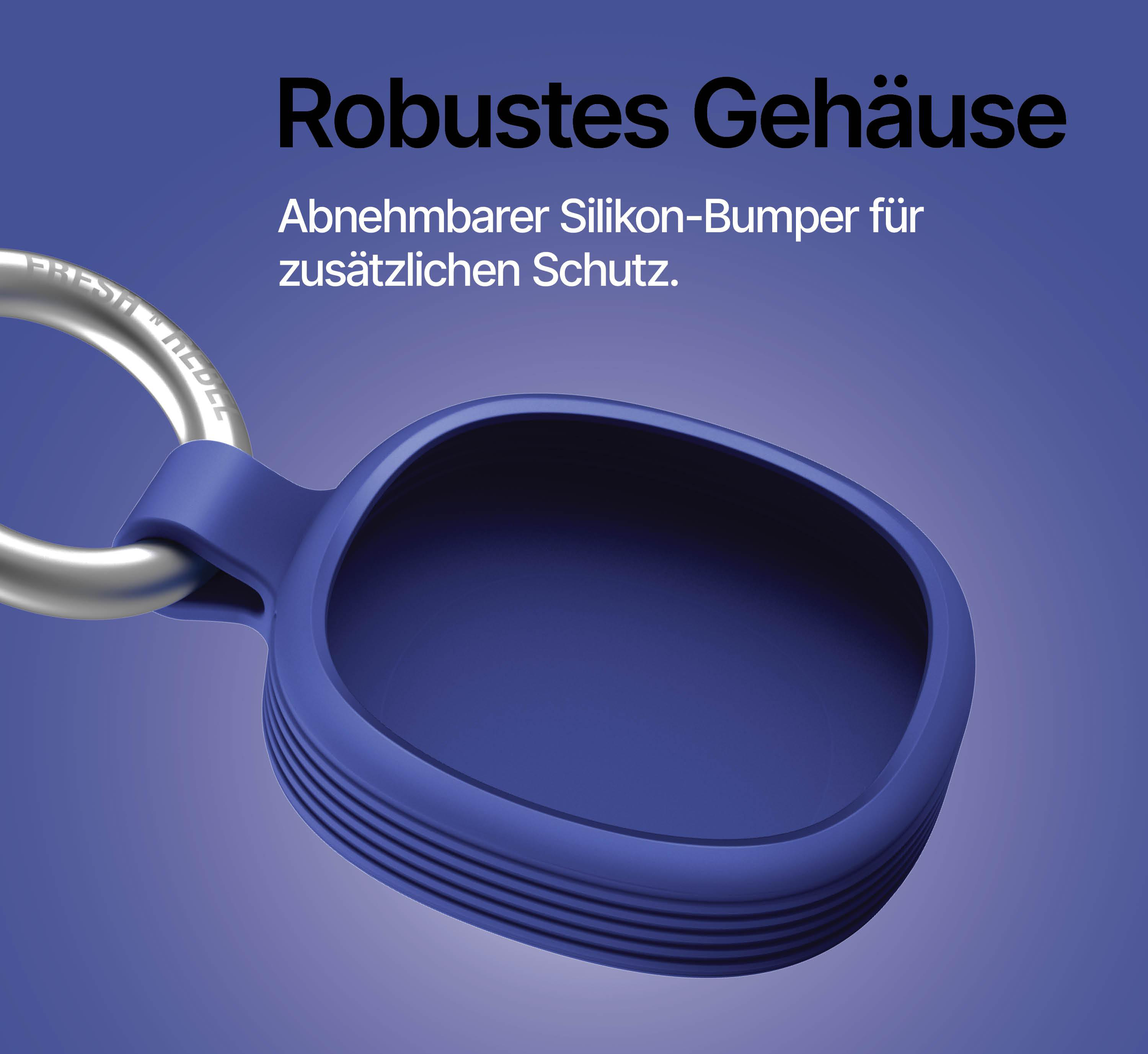 Eine dunkelblaue Hülle mit Rillen für einen Schlüsselbund.