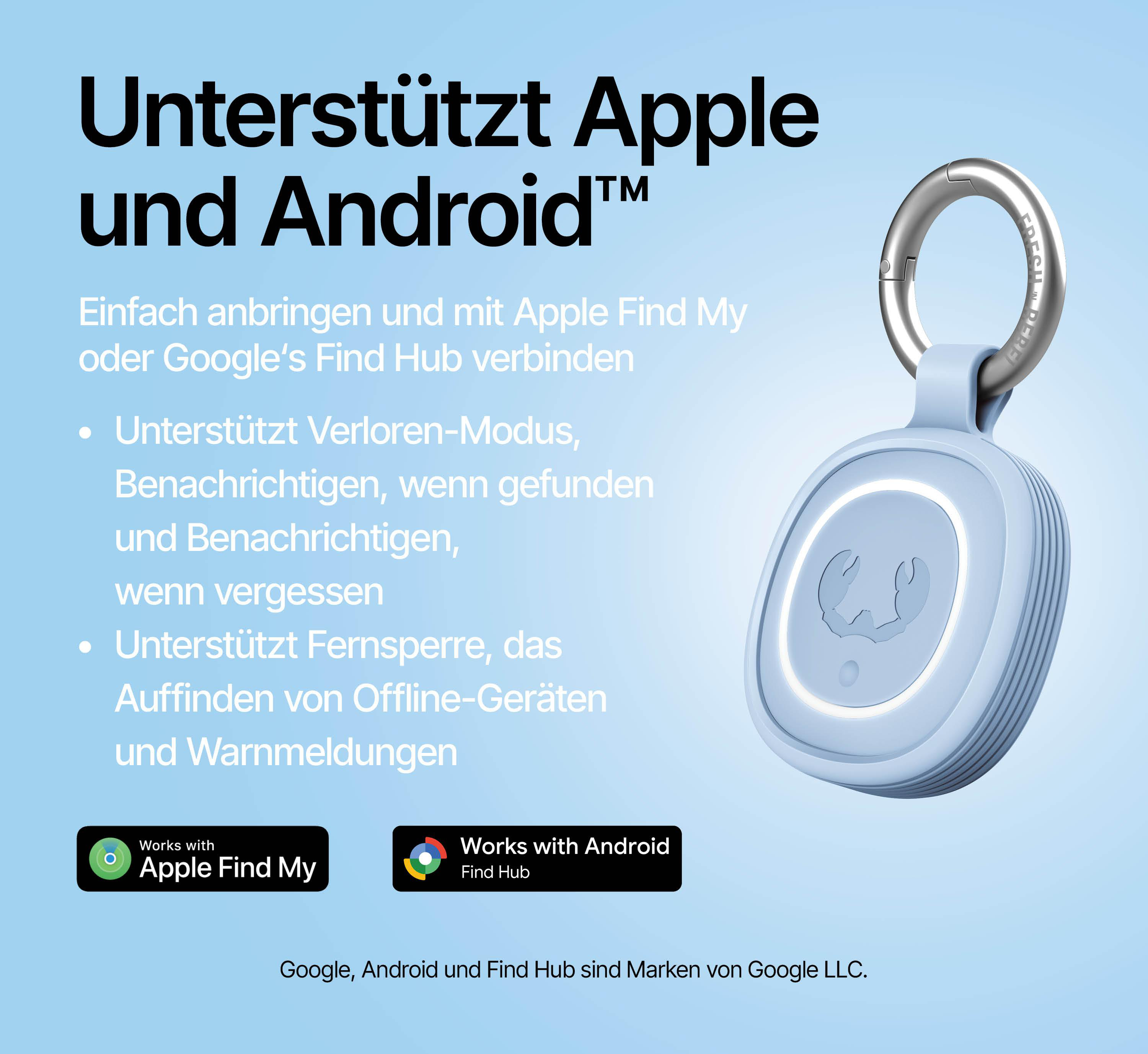 Ein hellblaues Tag mit einem Ring, das mit Apple und Android kompatibel ist.