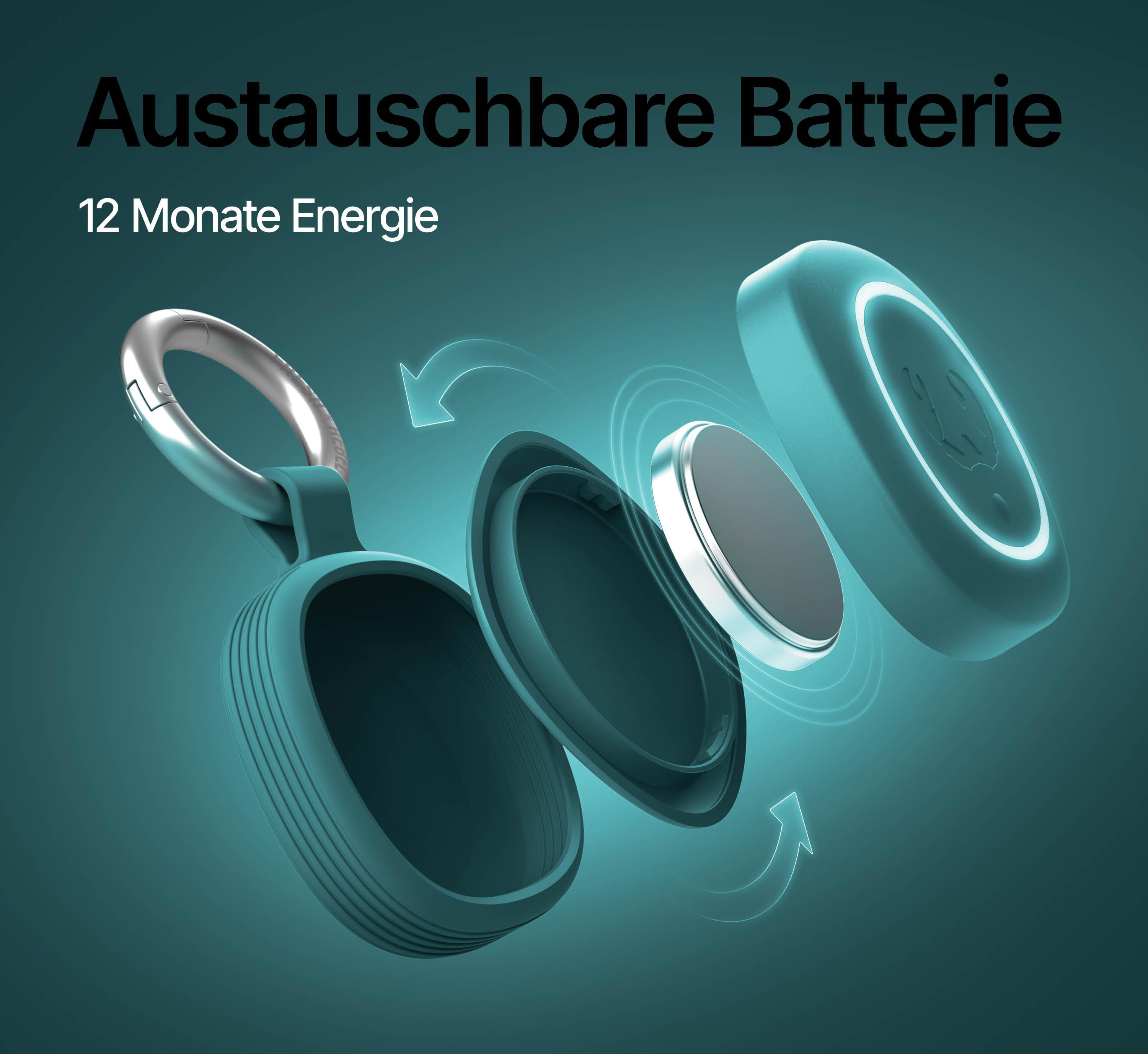 Explodierte Ansicht eines blauen Schlüsseletuis mit austauschbarer Batterie und silbernem Ring.