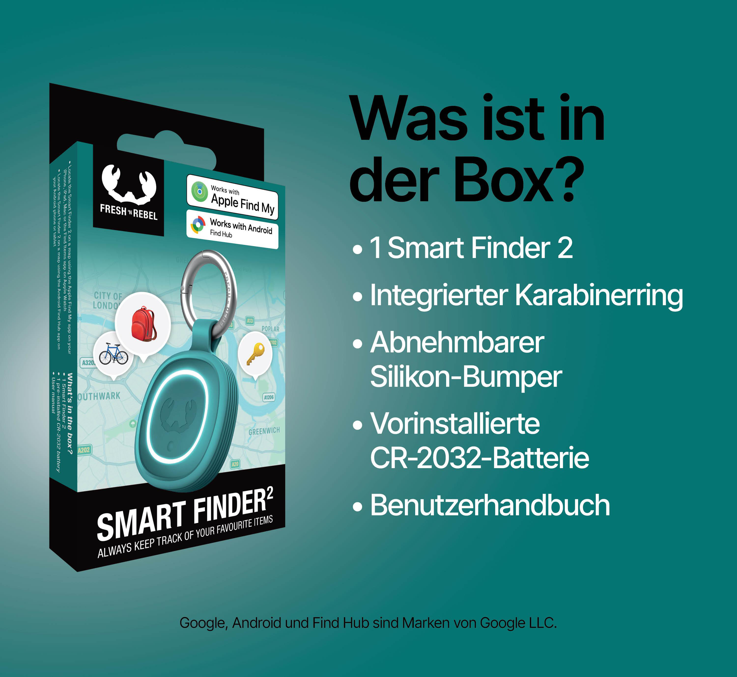 Packungsinhalt: Smart Finder 2, Karabiner, Silikon-Bumper, Batterie, Handbuch.