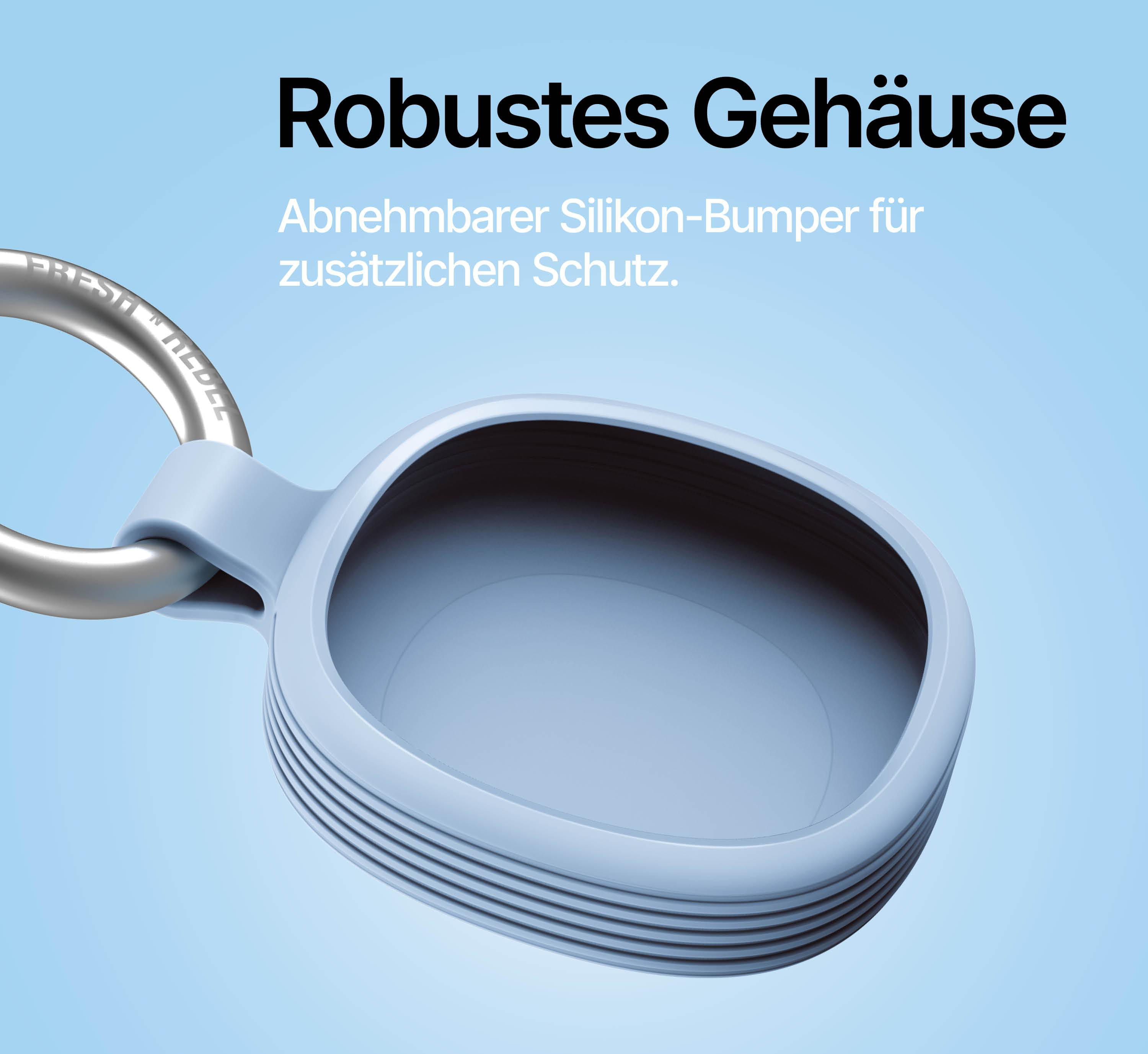 Ein hellblaues, robustes Gehäuse mit einem silbernen Ring, ideal für zusätzlichen Schutz.
