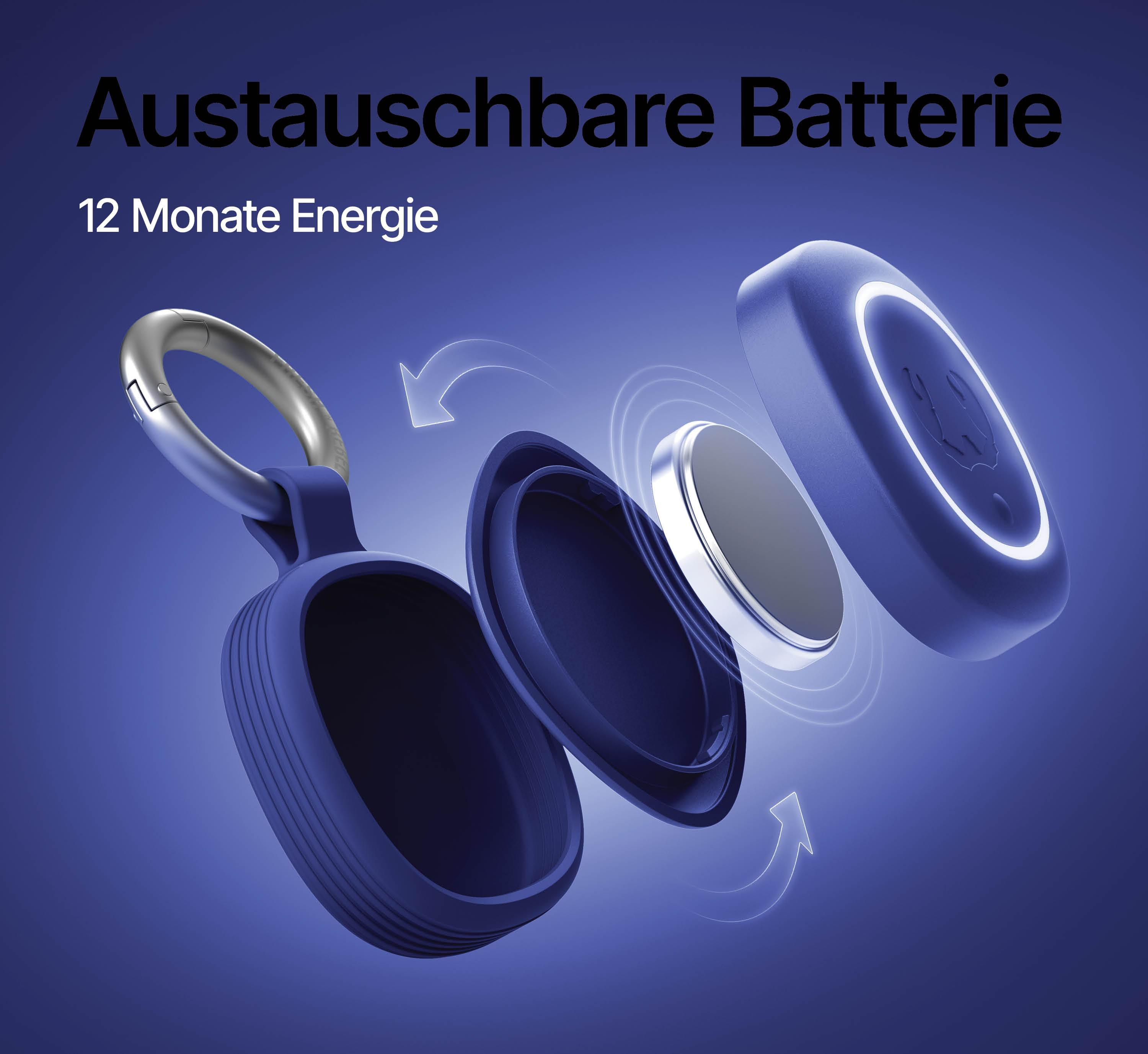 Explodierte Ansicht eines blauen Gehäuses mit einer runden Batterie.