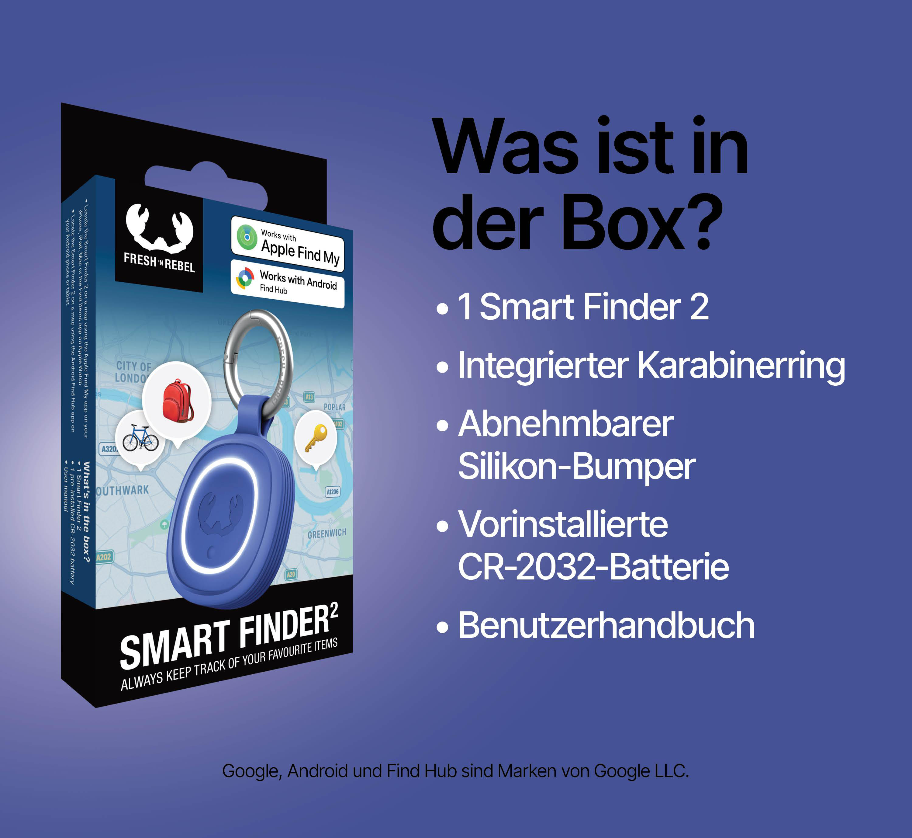 Produktabbildung eines blauen Smart Finders mit Karte von London im Hintergrund.