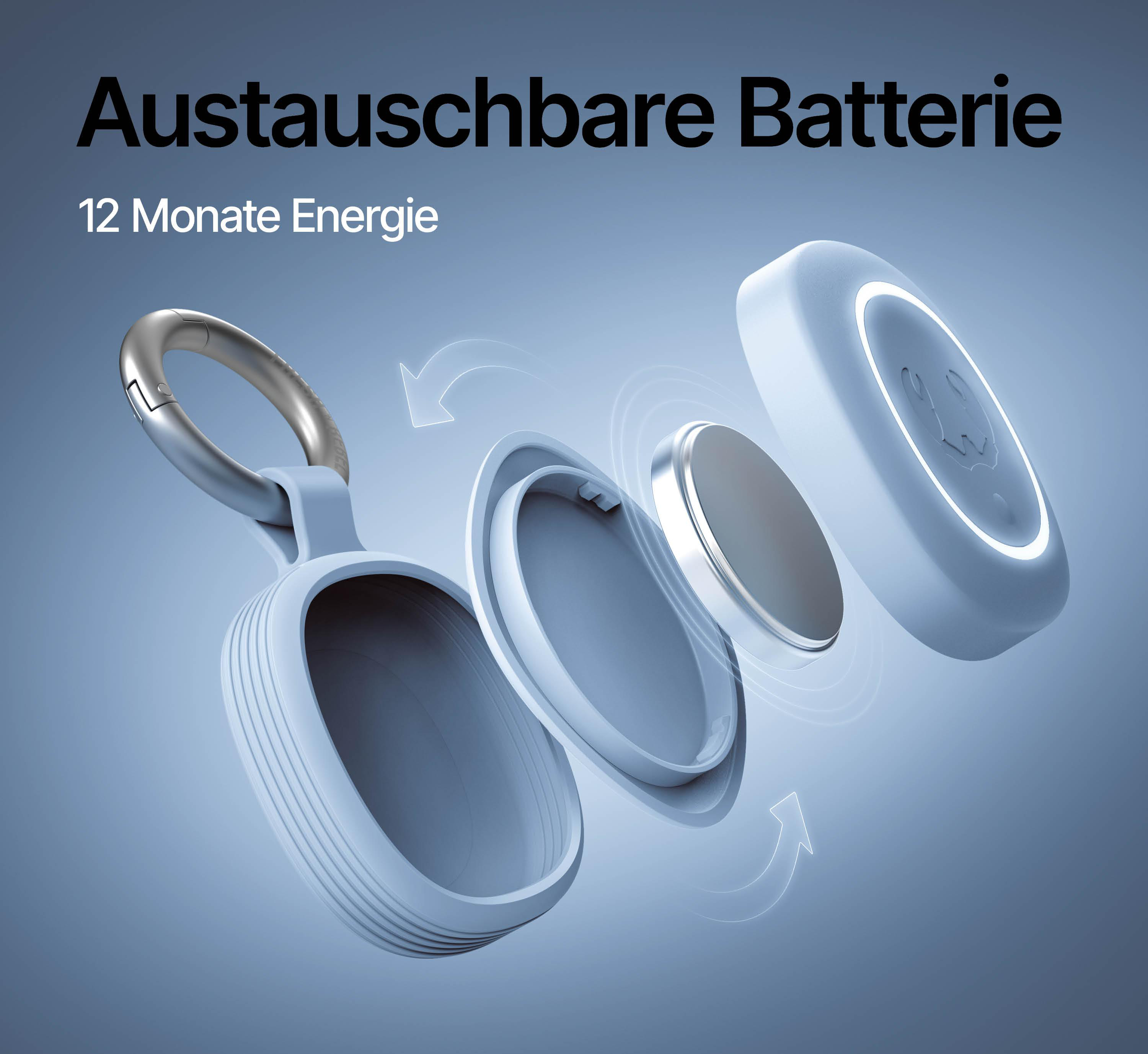 Ein weißes Gehäuse mit einer herausnehmbaren Batterie und einem Schlüsselring.
