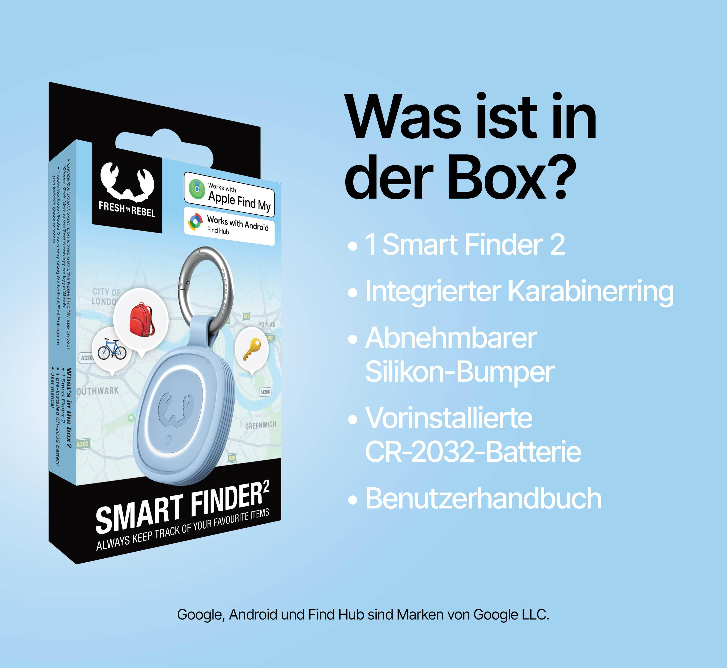 Ein hellblaues Smart Finder 2 mit Schlüsselanhänger, im Karton mit Liste.