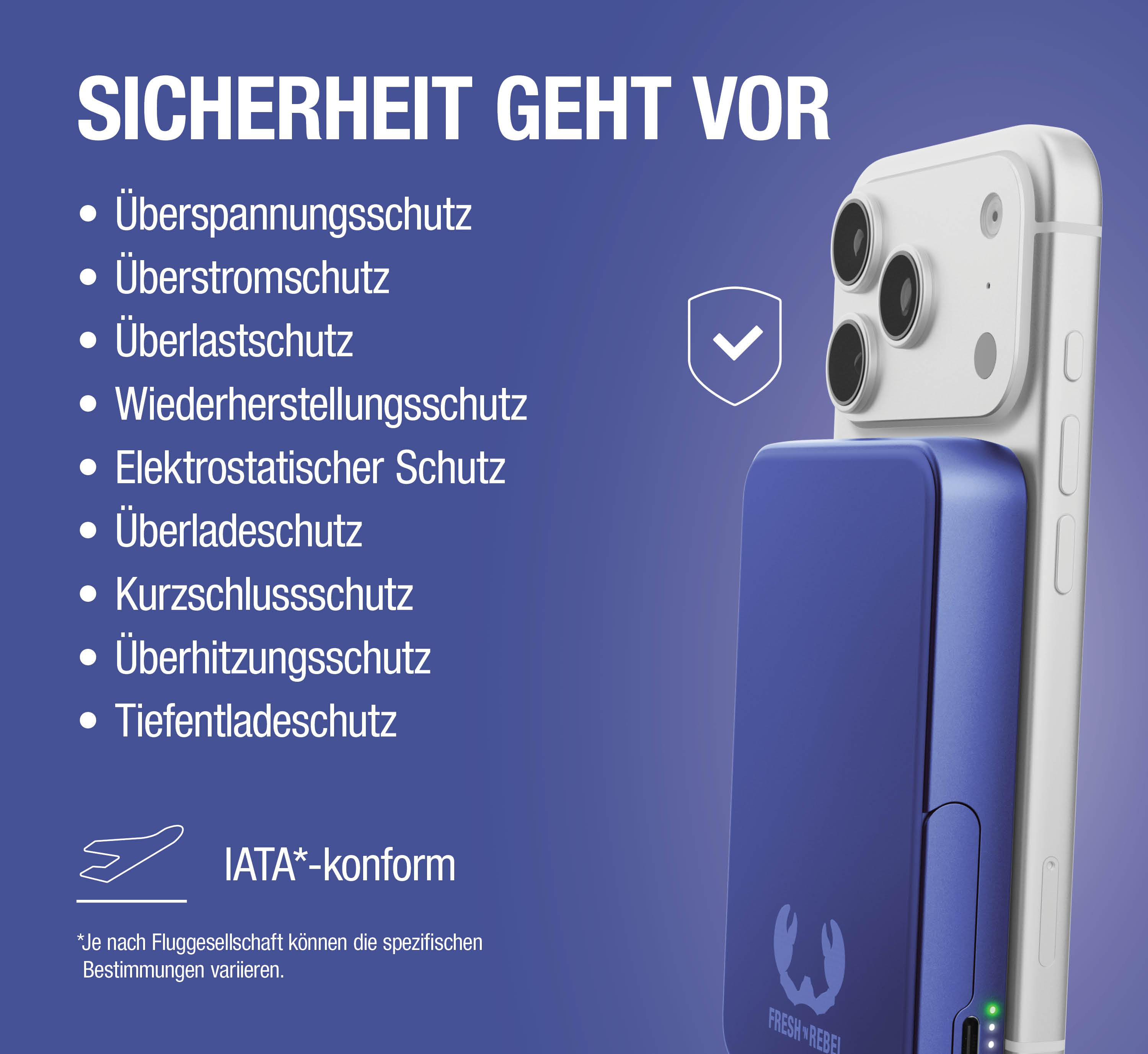 Sicherheitshinweise für ein iPhone und Powerbank: Überspannungs-, Überstrom-, Überlast-, Elektrostatik-, Überlade-, Kurzschluss-, Überhitzungs- & Tiefentladeschutz.
