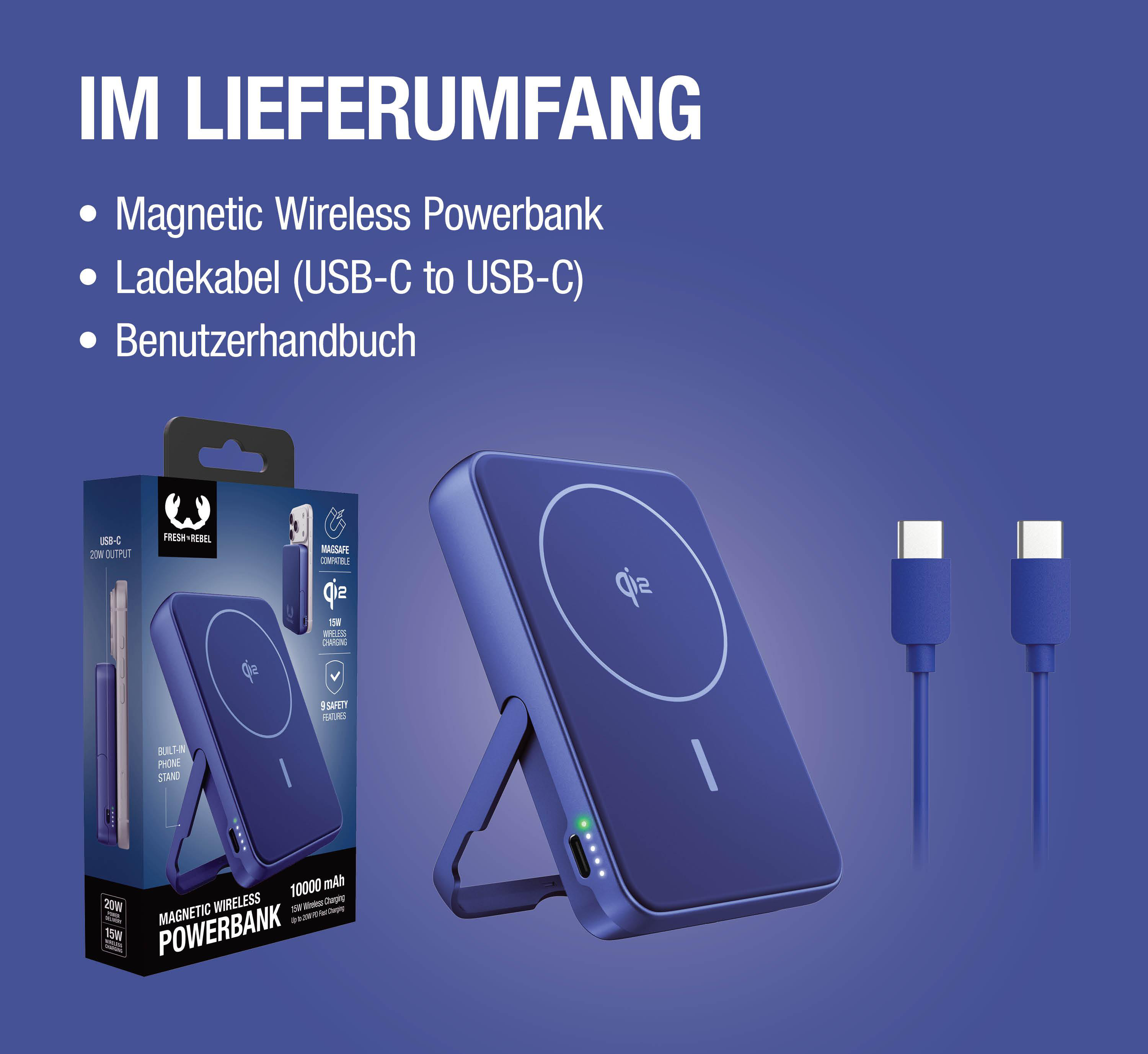 Ein dunkelblaues MagSafe Powerbank-Set mit Ladekabeln und Verpackung.