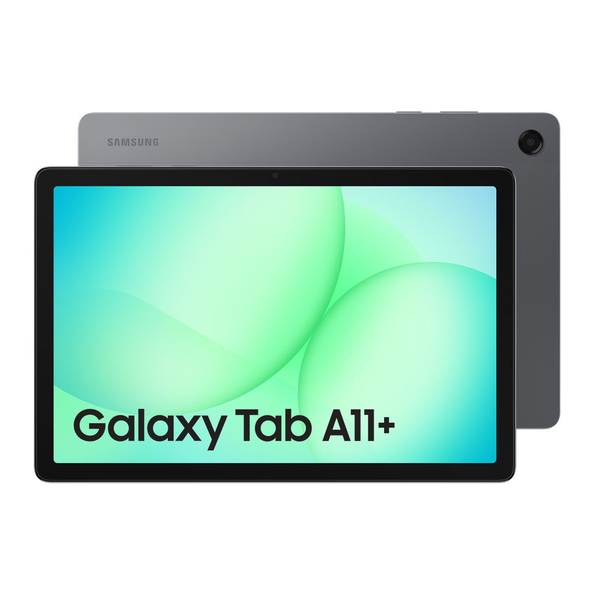 Ekranında "Galaxy Tab A11+" yazan gri Samsung Galaxy Tab A11+ tablet.