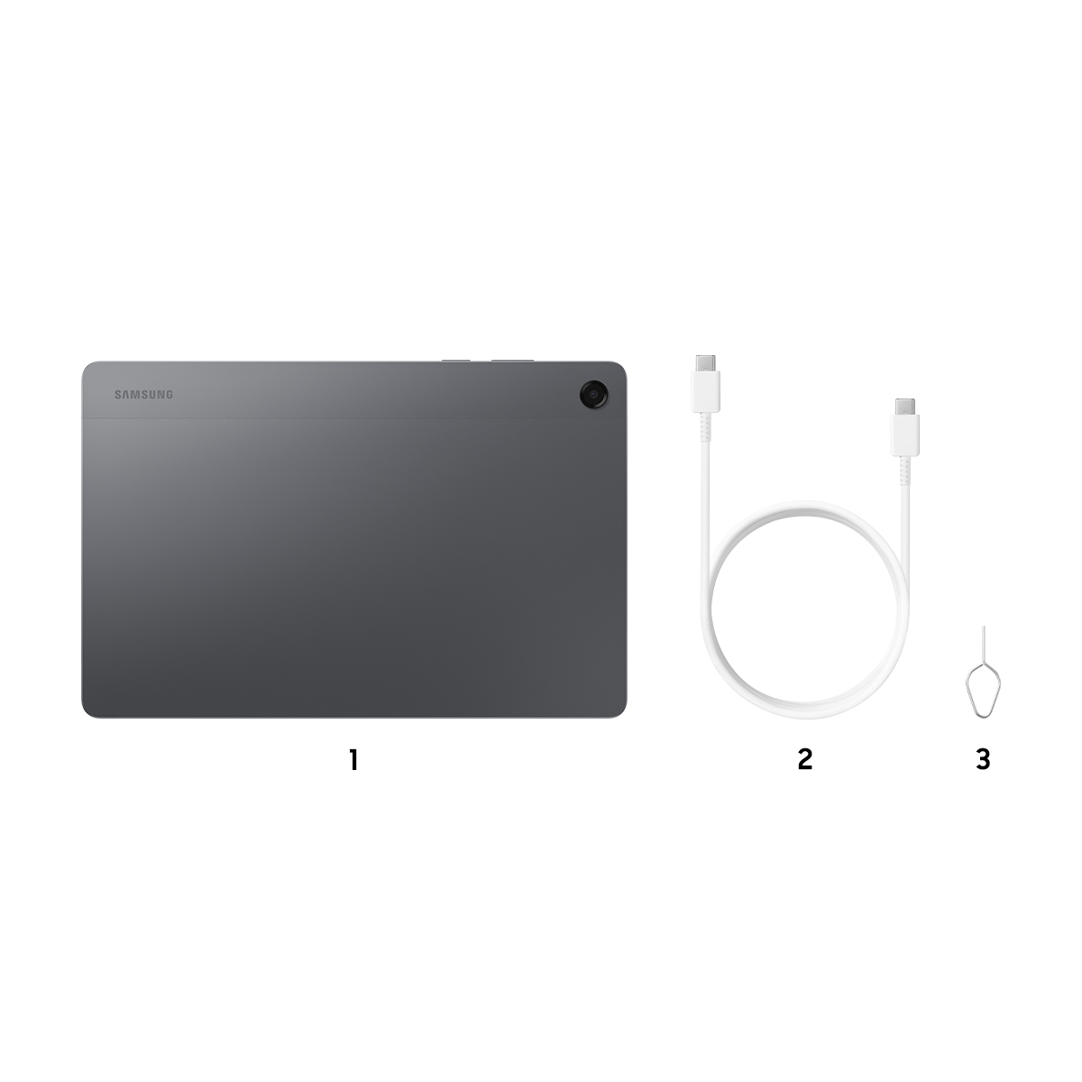Şarj kablosu ve SIM kart aracı bulunan gri Samsung tablet.