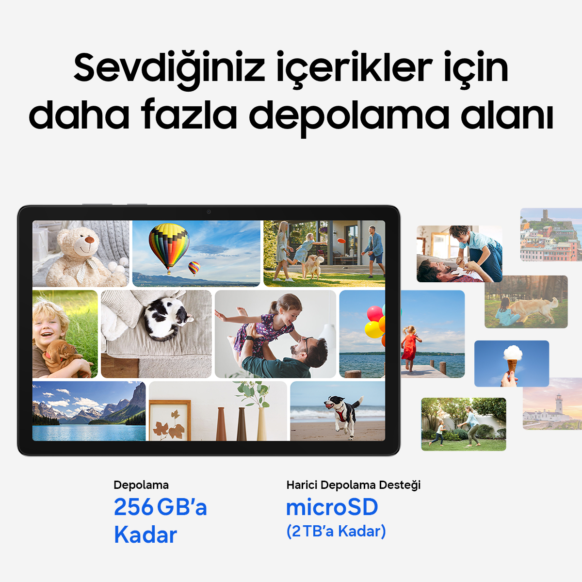 Tablet foto kolajı gösteriyor: ayıcık, sıcak hava balonları, aile, kedi, dondurma.