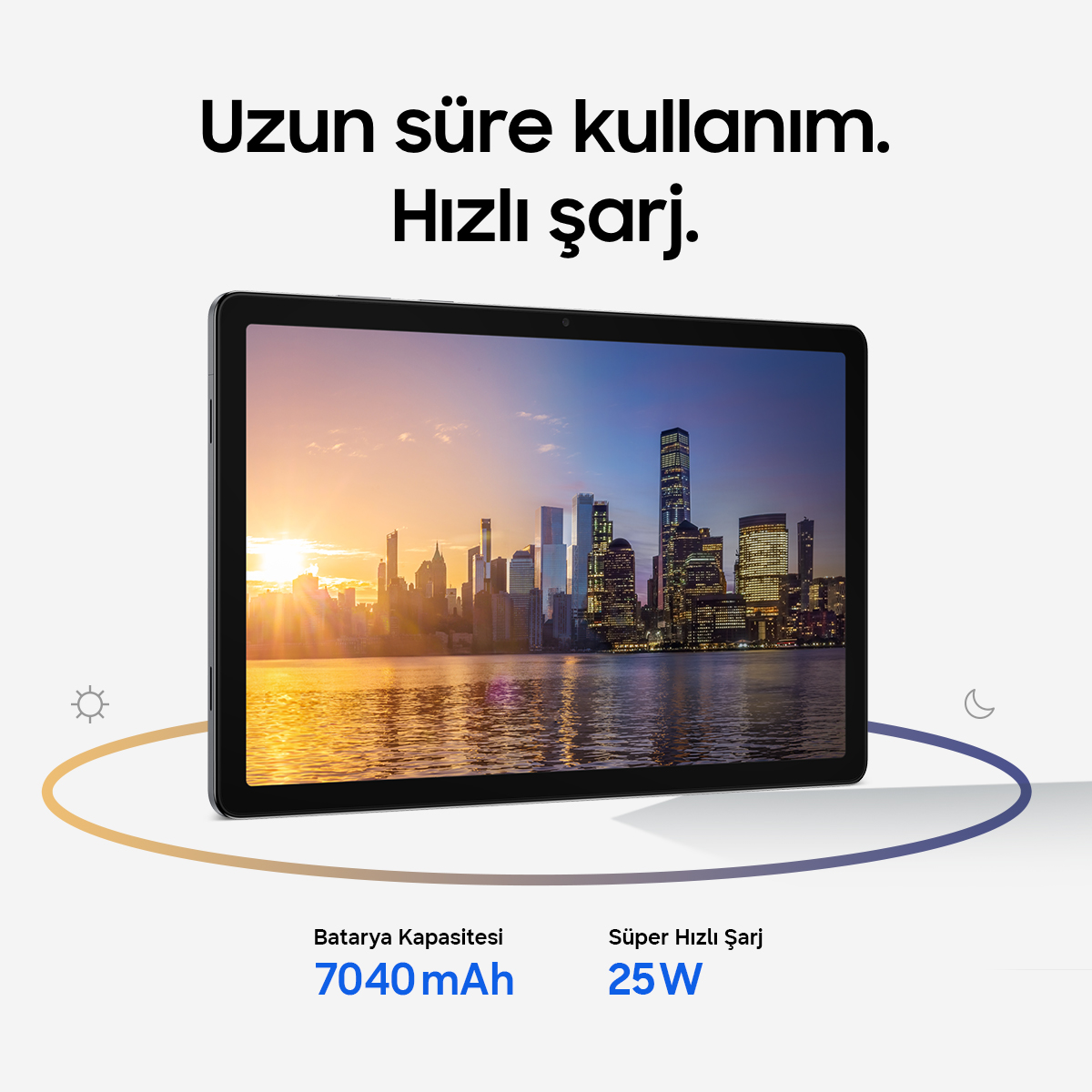 Gün batımında şehir silüeti gösteren tablet. Pil 7040 mAh, Hızlı Şarj 25W.