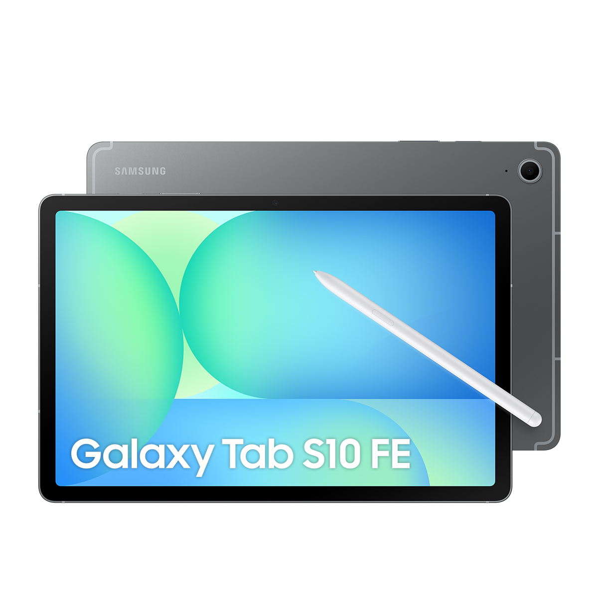 Kalemli gri Samsung Galaxy Tab S10 FE başka bir tabletin üzerinde duruyor.