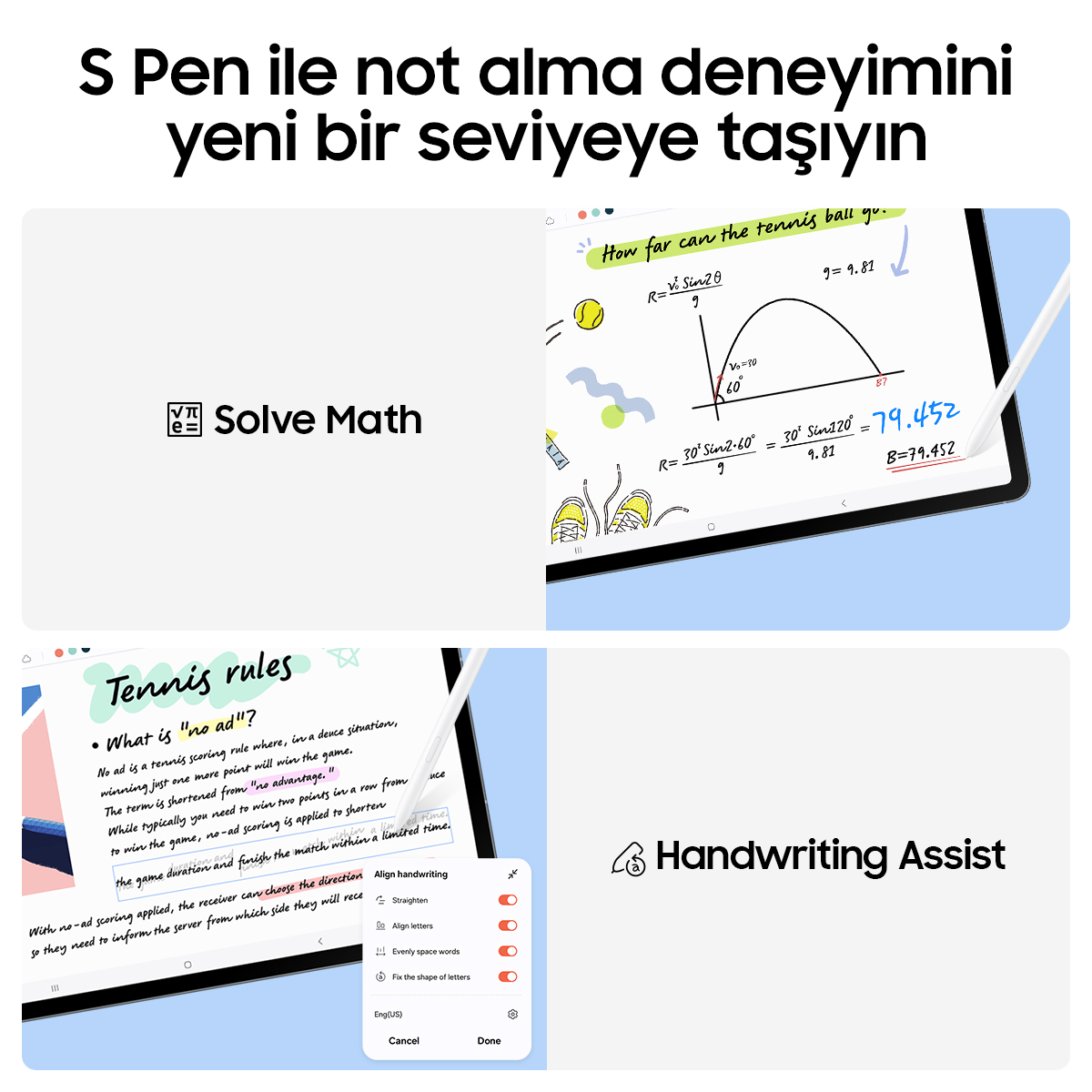 Bir tablet matematik problemi ve tenis kuralları notunu gösteriyor.