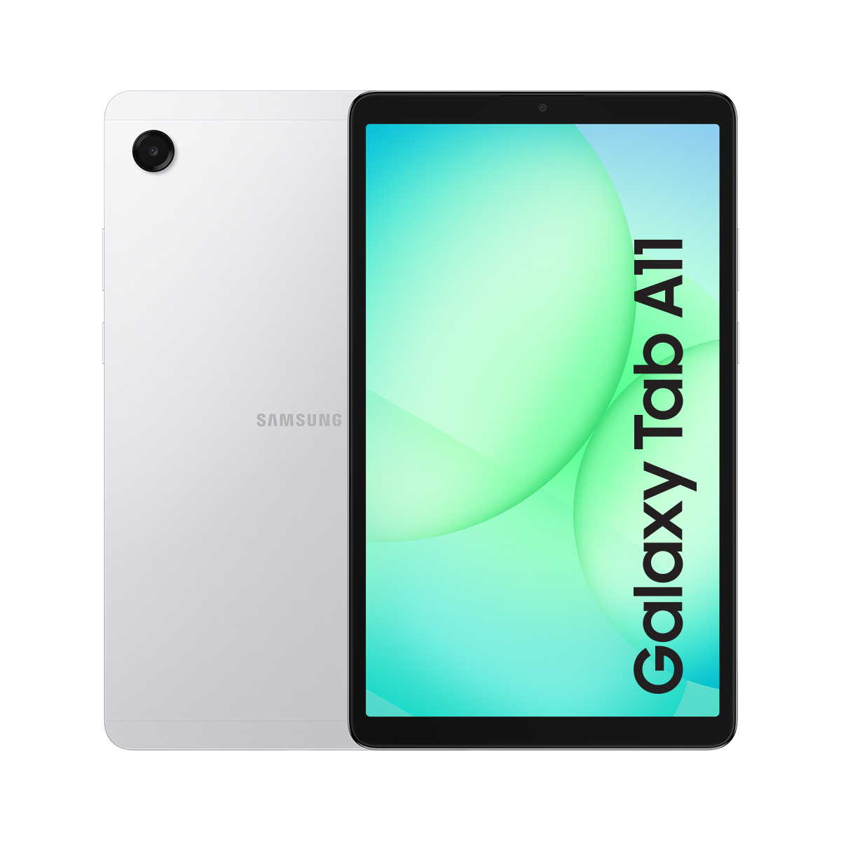 Gümüş renkli Samsung Galaxy Tab A11 önden ve arkadan görünümü.