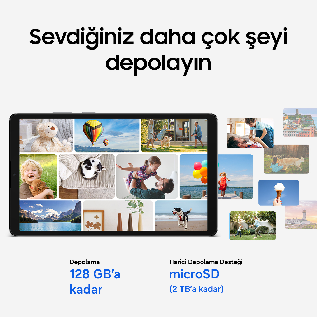 Tablet kolaj gösteriyor: ayıcık, balon, aile, köpek, dondurma, manzara, çocuklar.