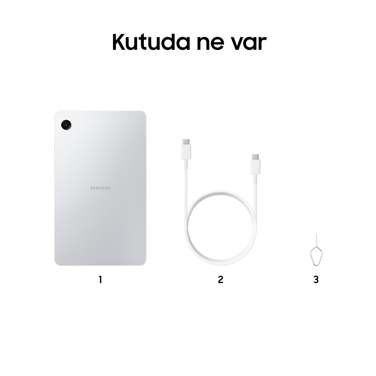 Beyaz bir Samsung tablet, bir USB-C kablosu ve bir SIM kart çıkarma pimi.