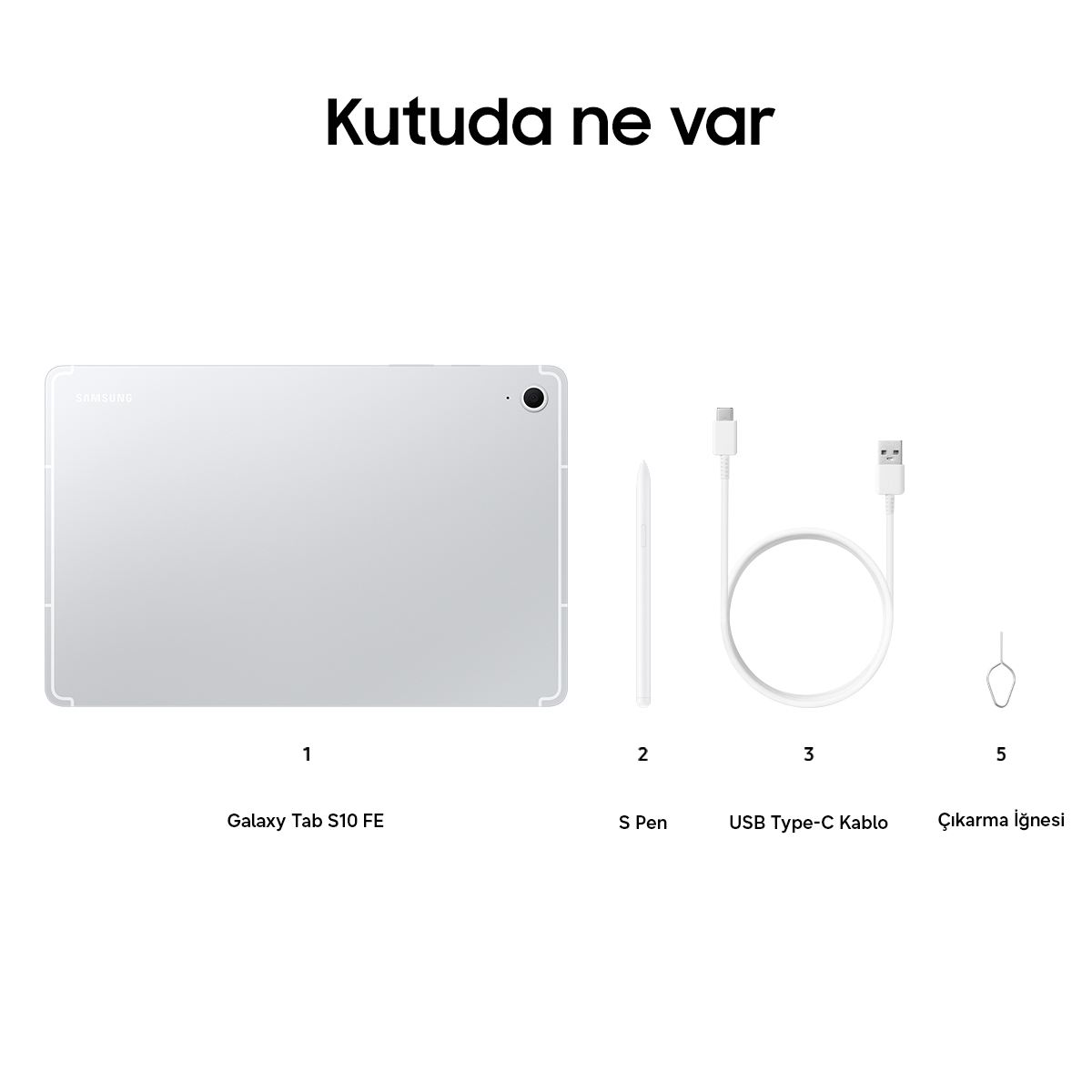Gümüş Samsung Galaxy Tab S10 FE, S Pen, USB-C kablosu ve SIM çıkarma iğnesi.