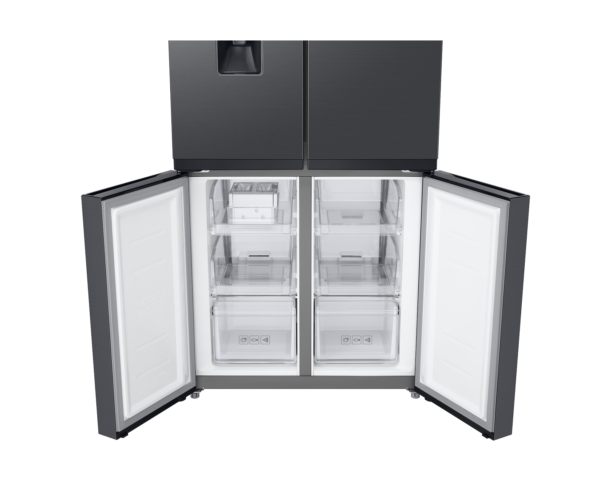 Ein dunkler Kühlschrank mit vier Türen, die oberen zwei sind geschlossen, die unteren offen.