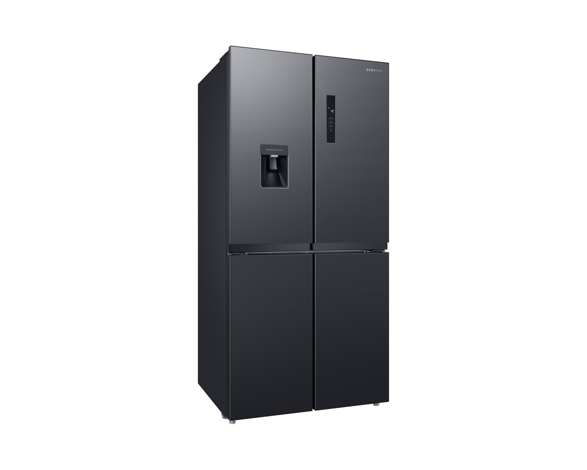 Ein schwarzer Samsung Kühlschrank mit vier Türen und Wasserspender.