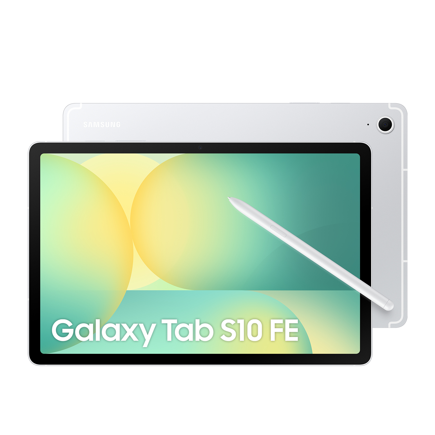 Gümüş Samsung Galaxy Tab S10 FE, beyaz arka planda kalemli.