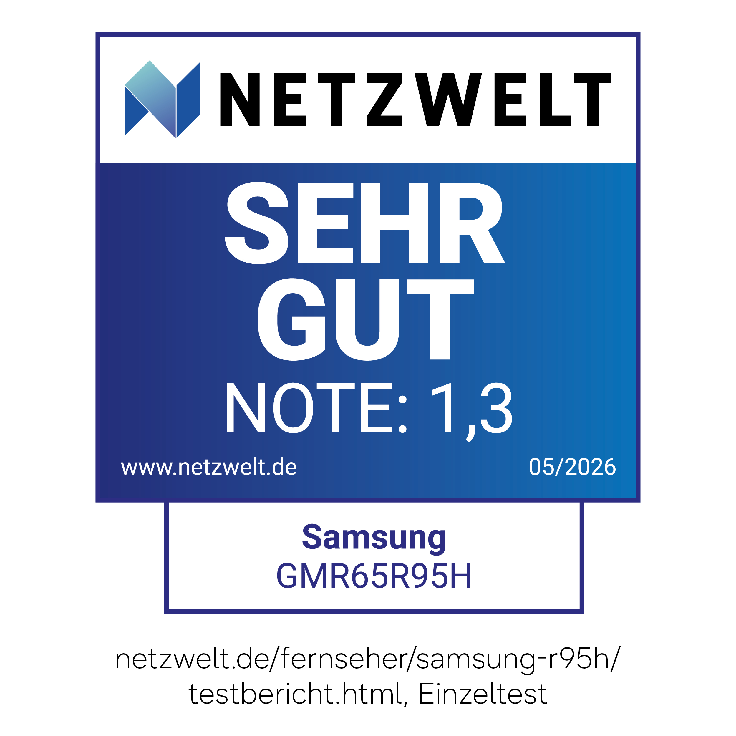 Netzwelt Siegel: Sehr gut, Note 1,3 für Samsung GMR65R95H. (05/2026)