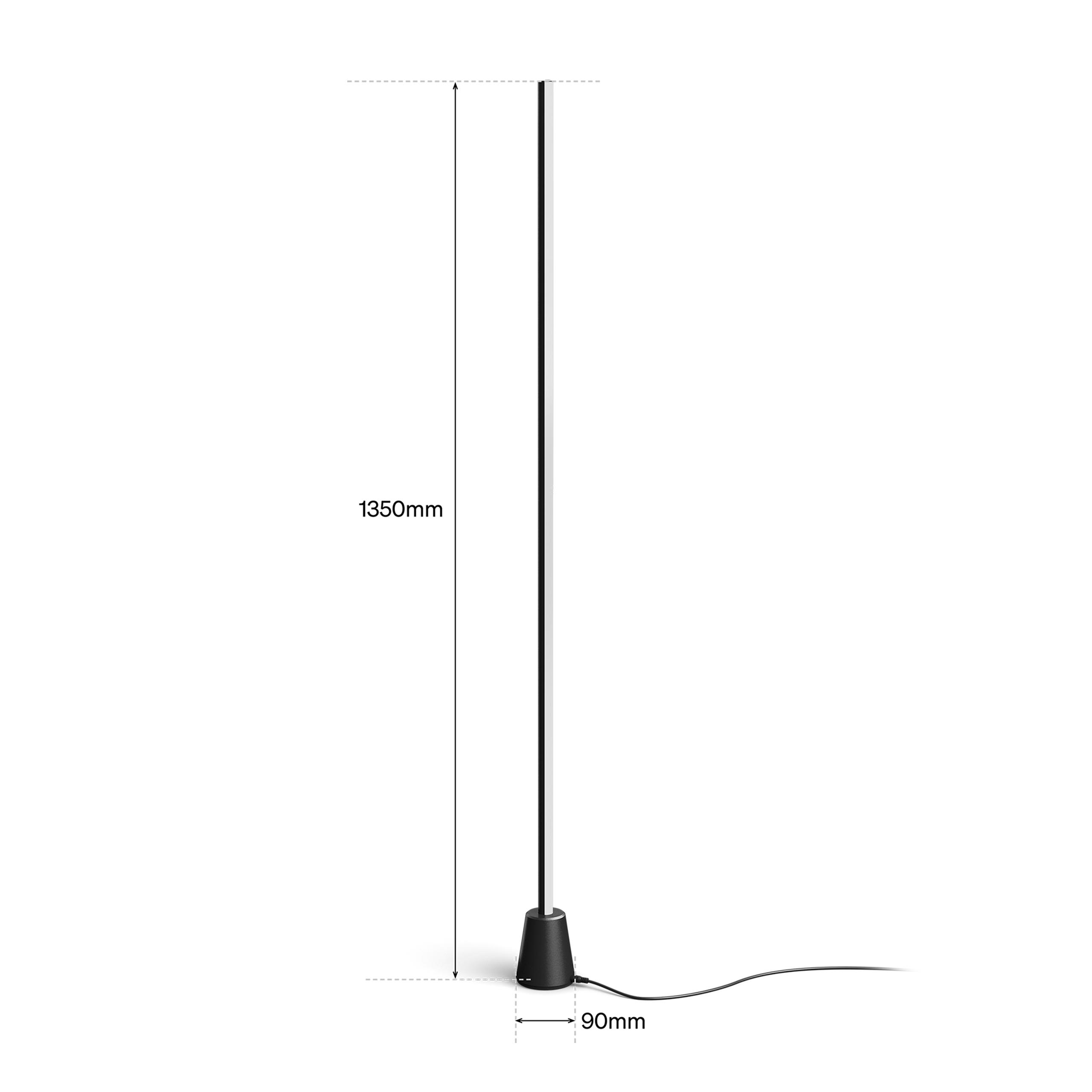 Schwarzer Sockel mit schlankem Lichtstab, 1350mm hoch, 90mm breit.