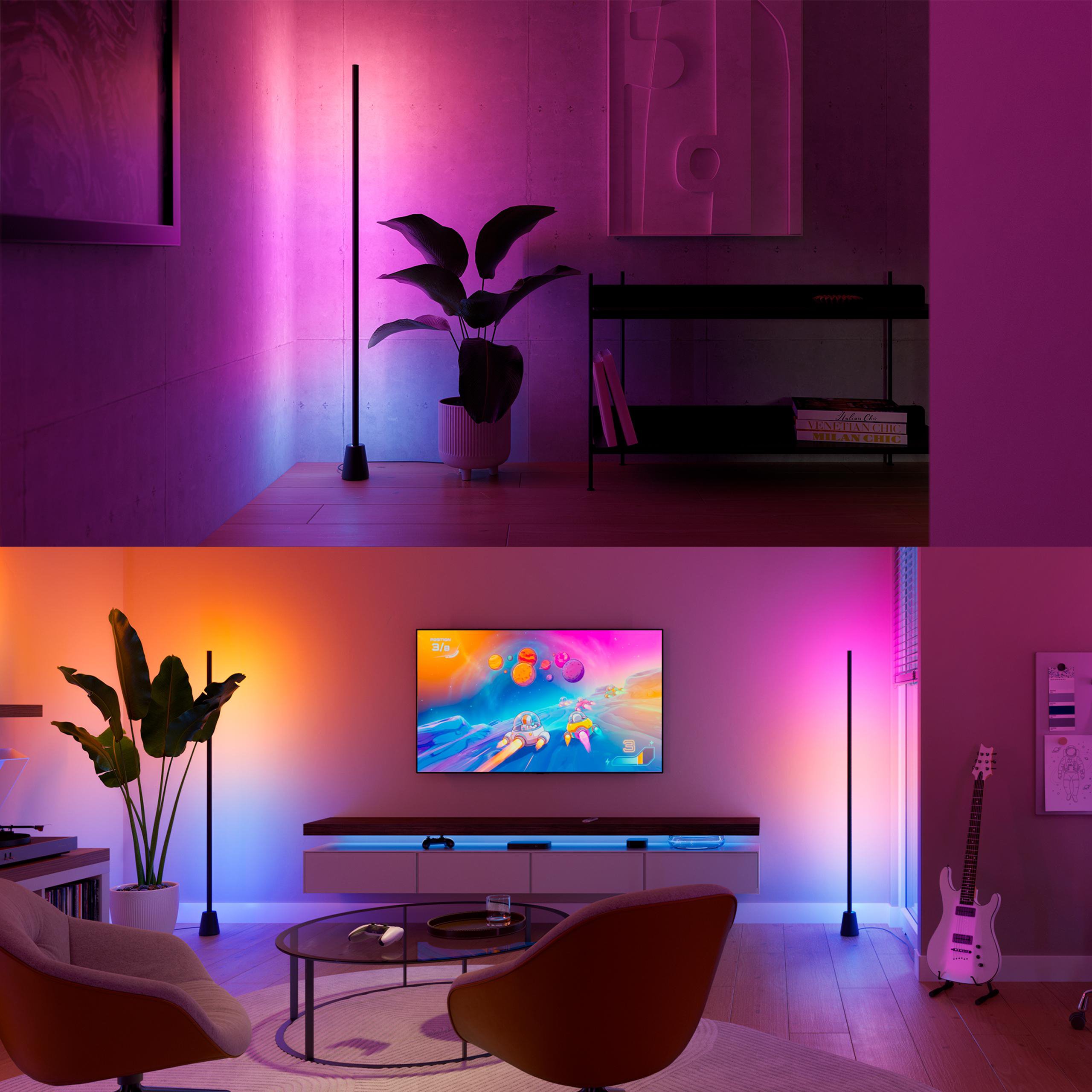 Zwei Wohnzimmer mit futuristischer Beleuchtung, Pflanzen und Kunst.