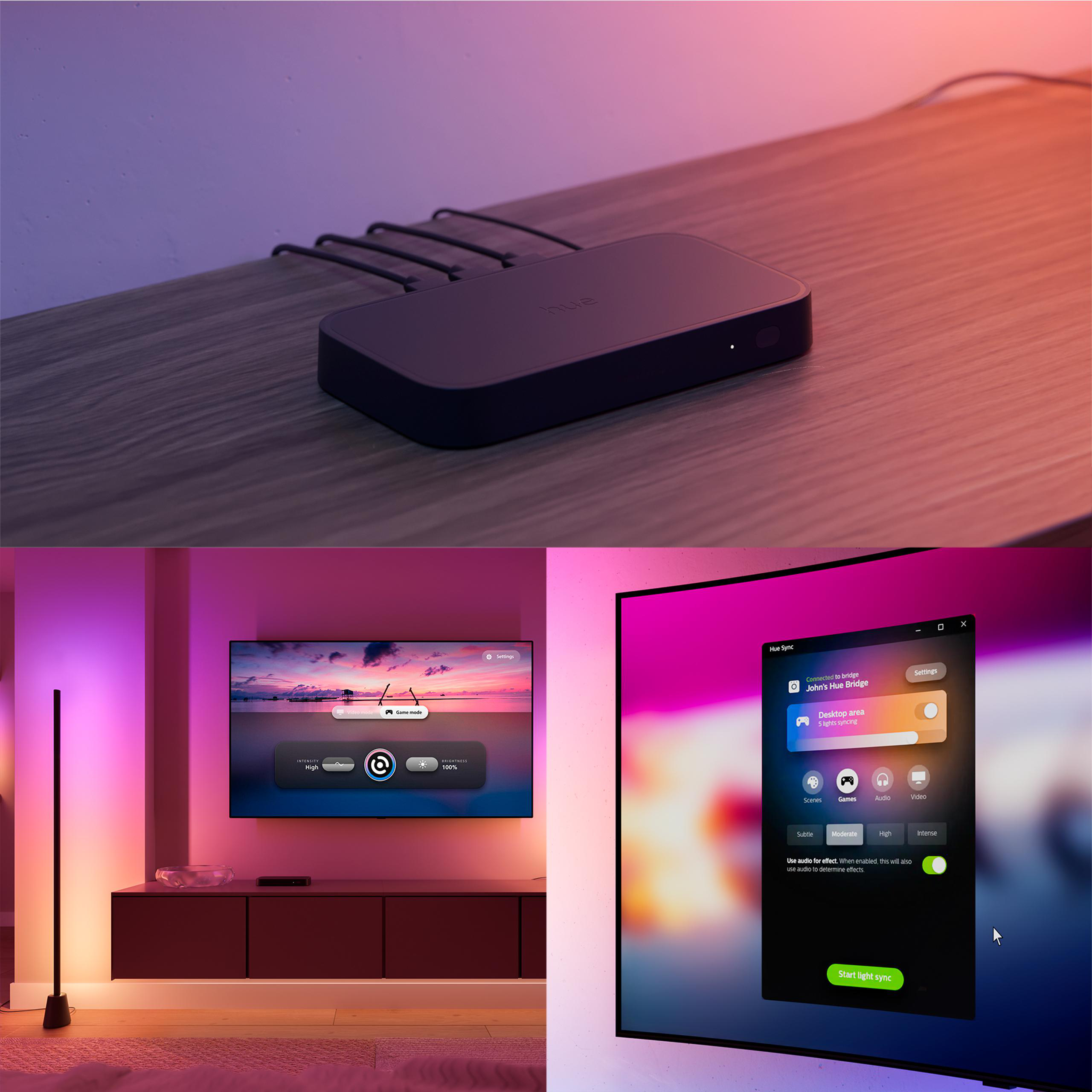Ein Hue Bridge Gerät auf einem Holztisch, daneben ein Fernseher mit App.