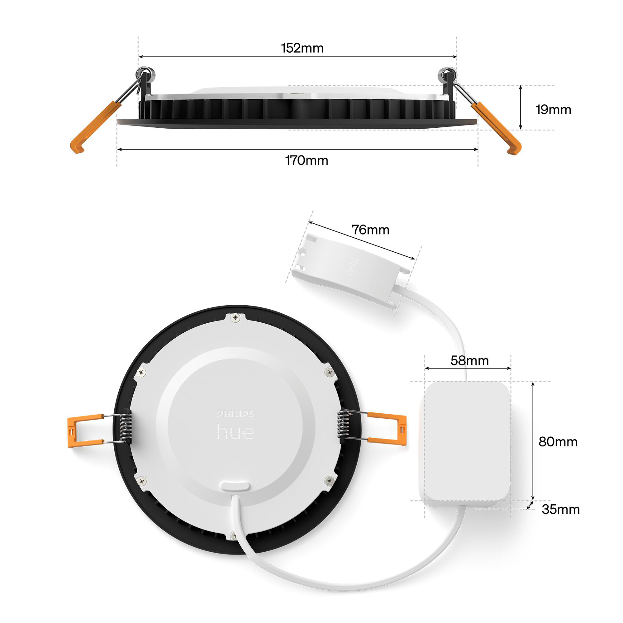 Einbauleuchte mit Philips Hue Logo, Maße in mm angegeben.