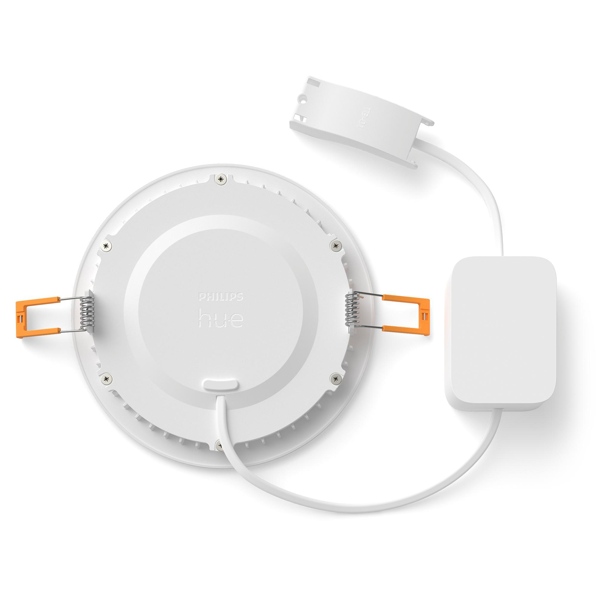 Weiße Philips Hue Lampe, Rückseite mit Kabeln und Halterungen.