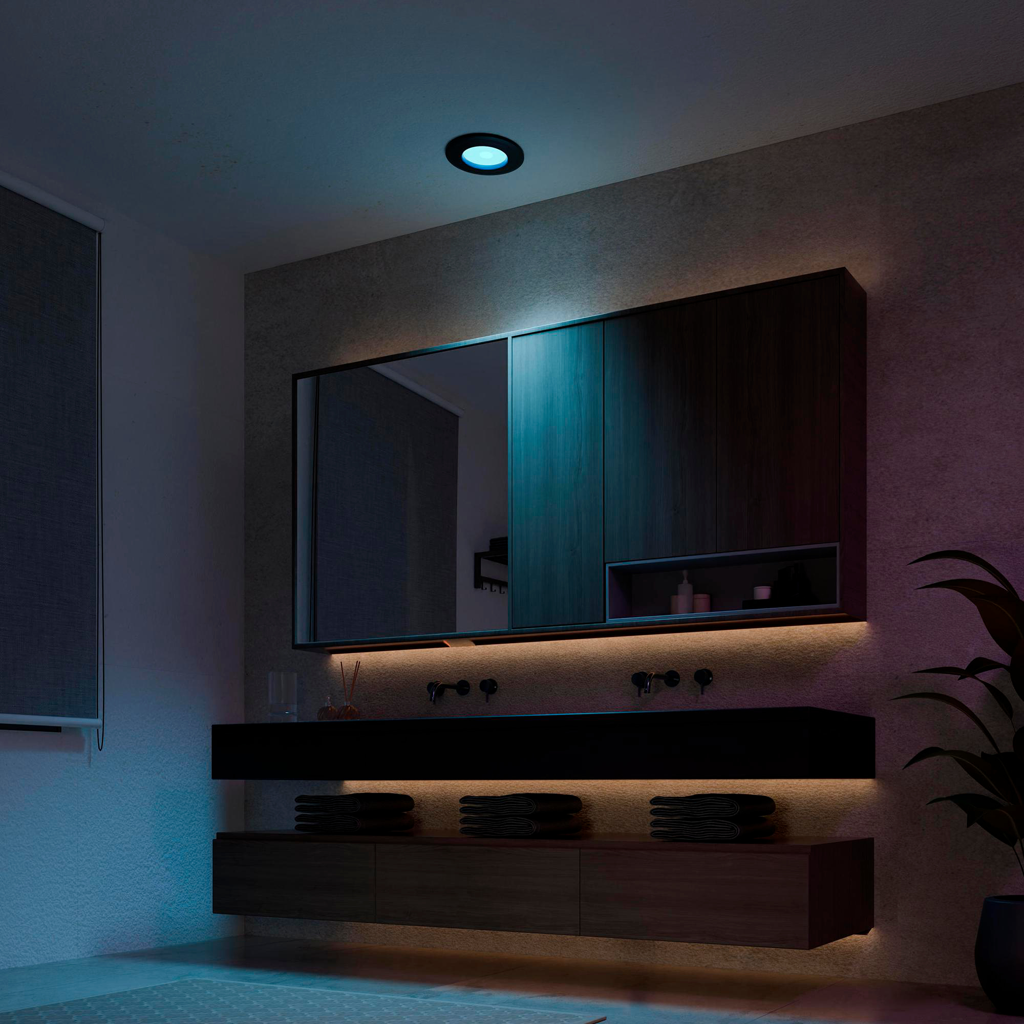 Modernes Badezimmer mit dunklem Holz, Spiegel, Waschbecken und beleuchteten Akzenten.