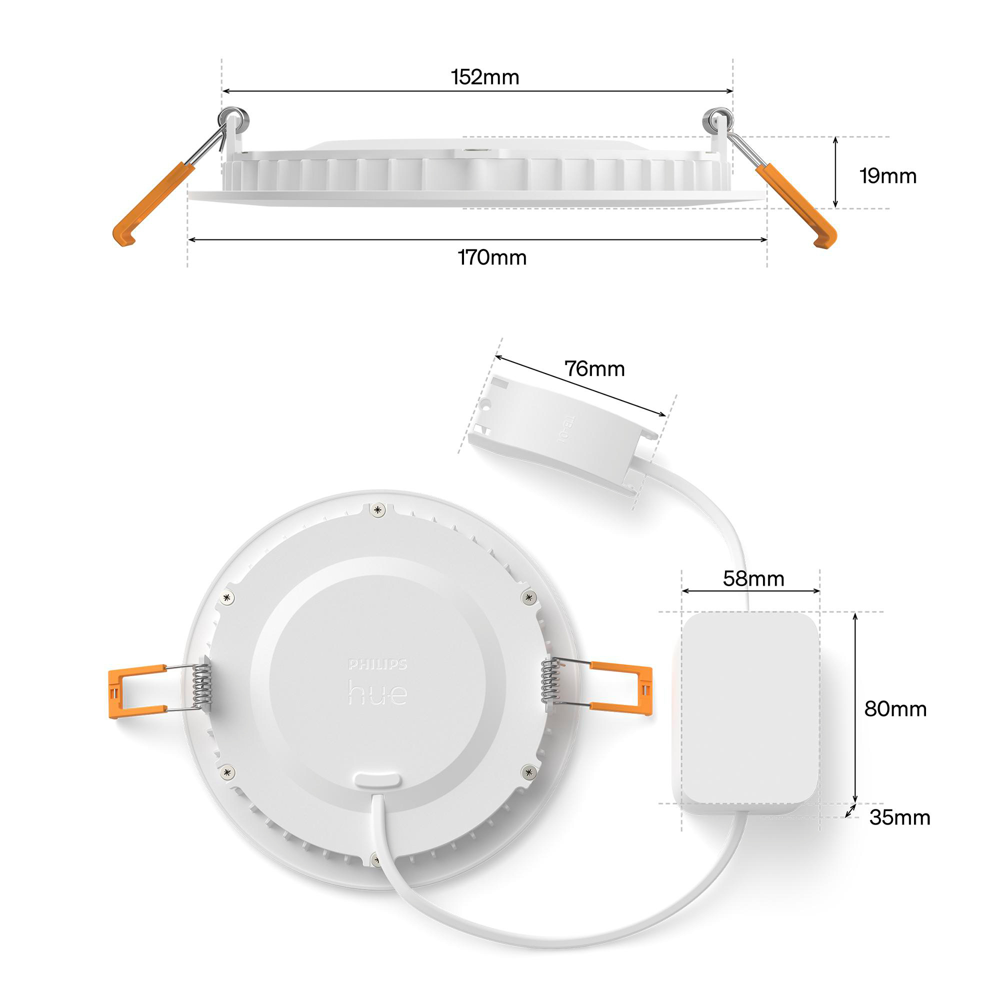 Weiße Philips Hue Leuchte mit orangefarbenen Klammern und Maßangaben.