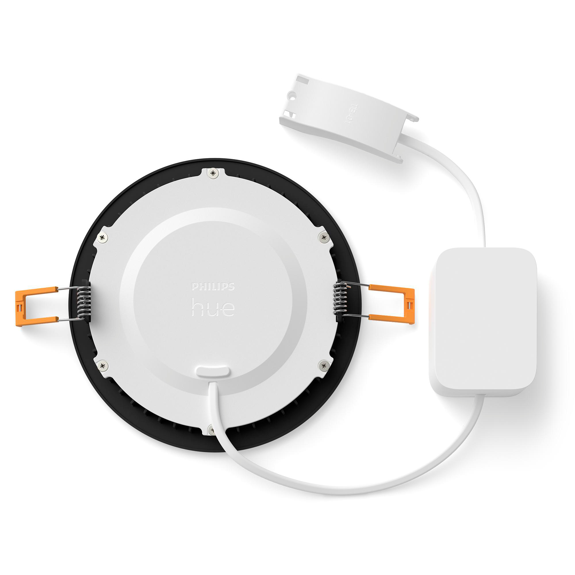 Ein runder Philips Hue Einbauspot mit schwarzem Rand, Federklemmen und weißem Netzteil.