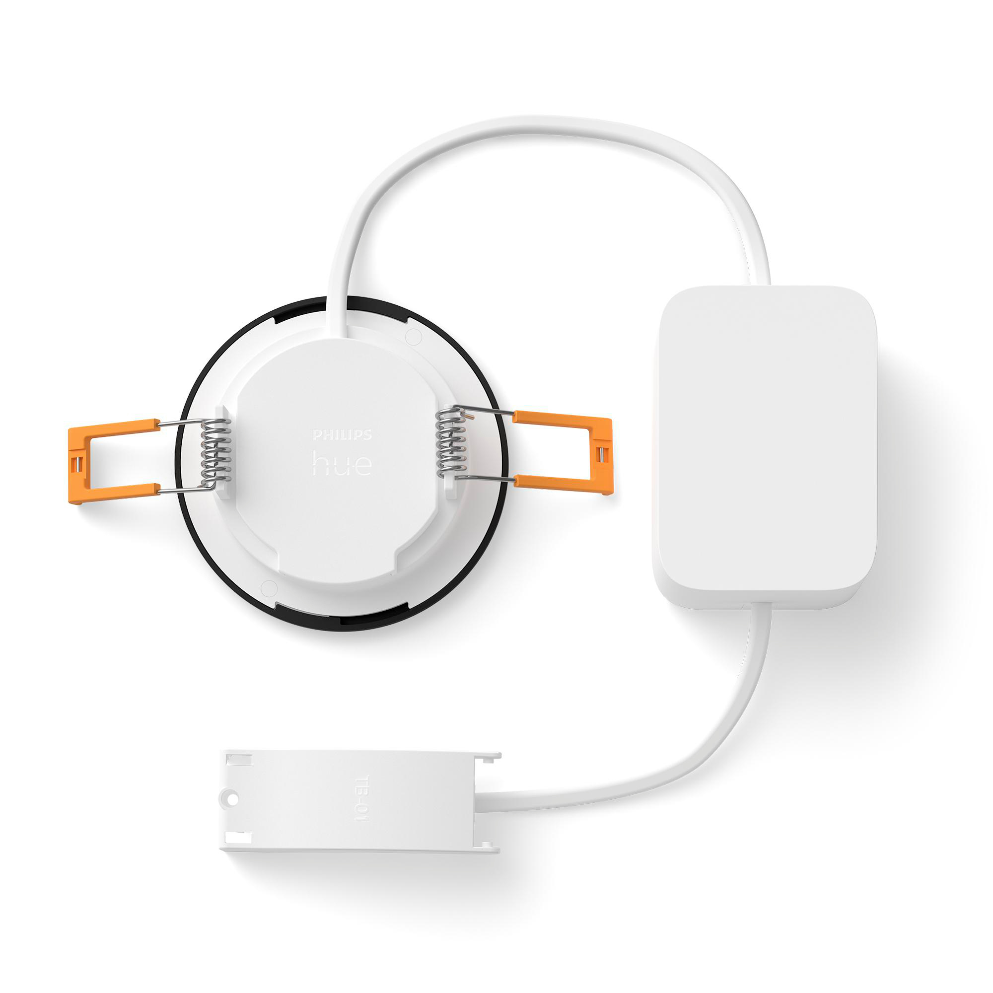 Ein Philips Hue Einbaustrahler mit weißem Gehäuse, orangefarbenen Halteklammern und Kabeln.
