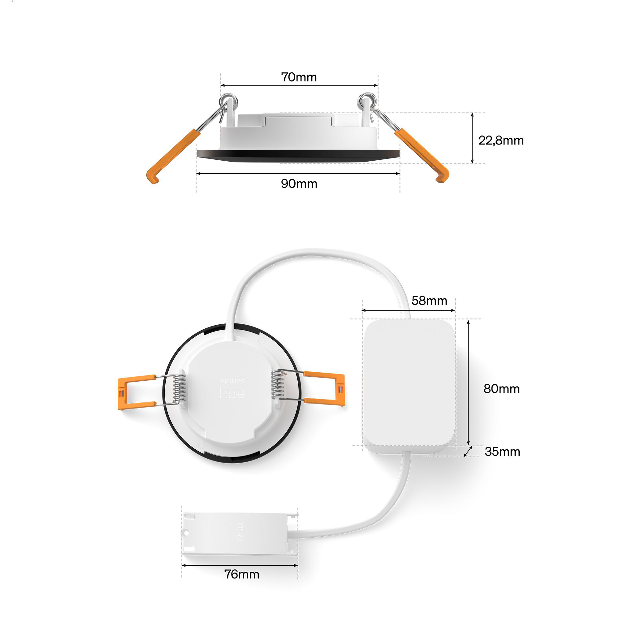 Philips Hue Einbaustrahler mit Maßen. Inklusive Treiber und Leuchte.