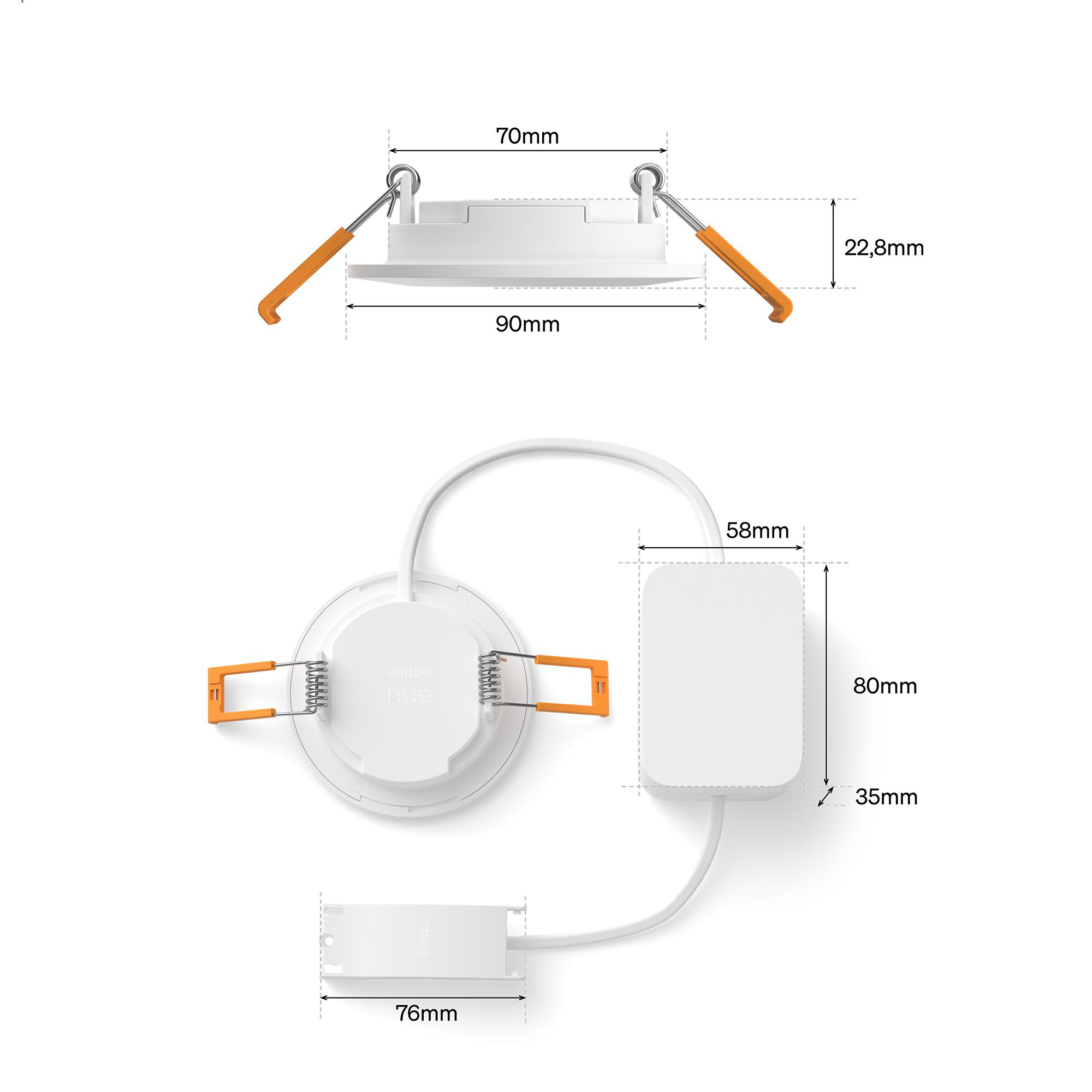 Weiße Philips Hue Lampe mit Maßen und Anschlusskabel.