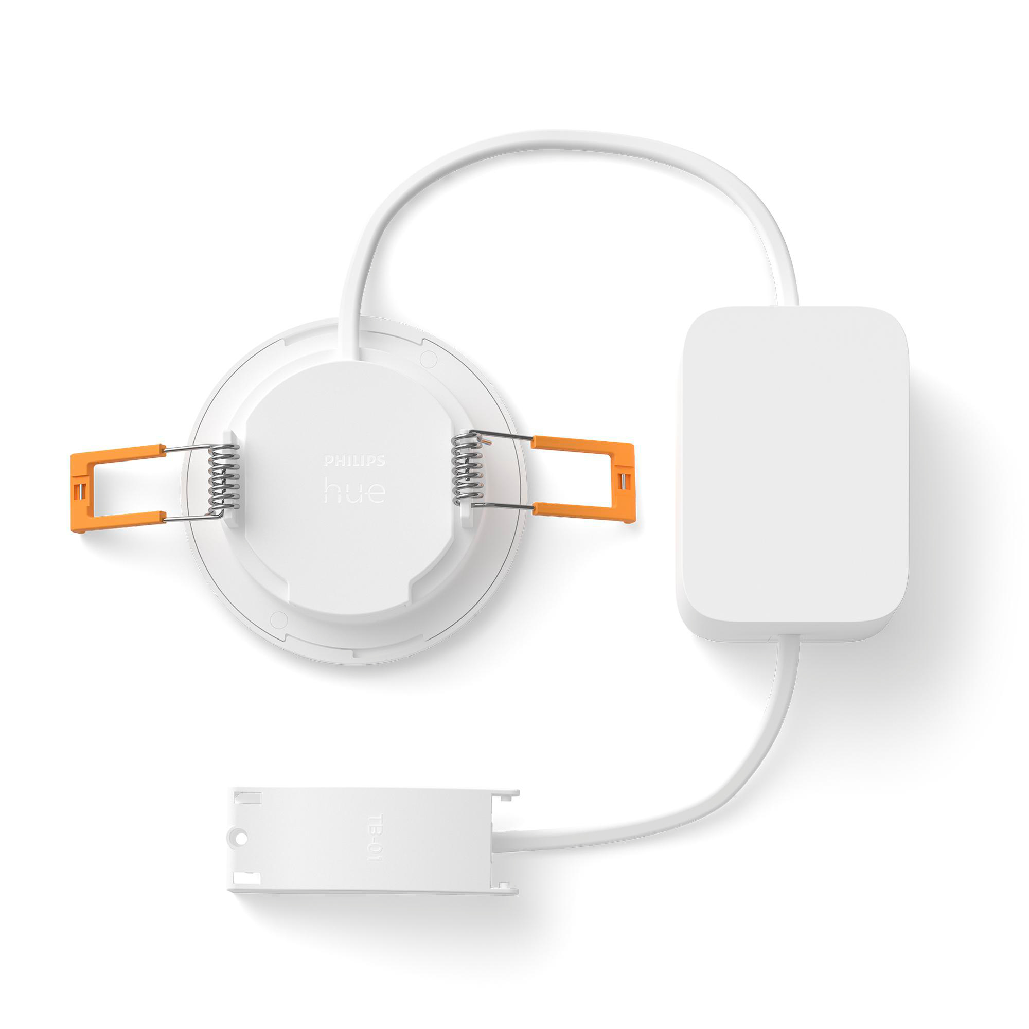Ein weißer Philips Hue Einbauspot mit orangefarbenen Klammern und einem Netzteil.