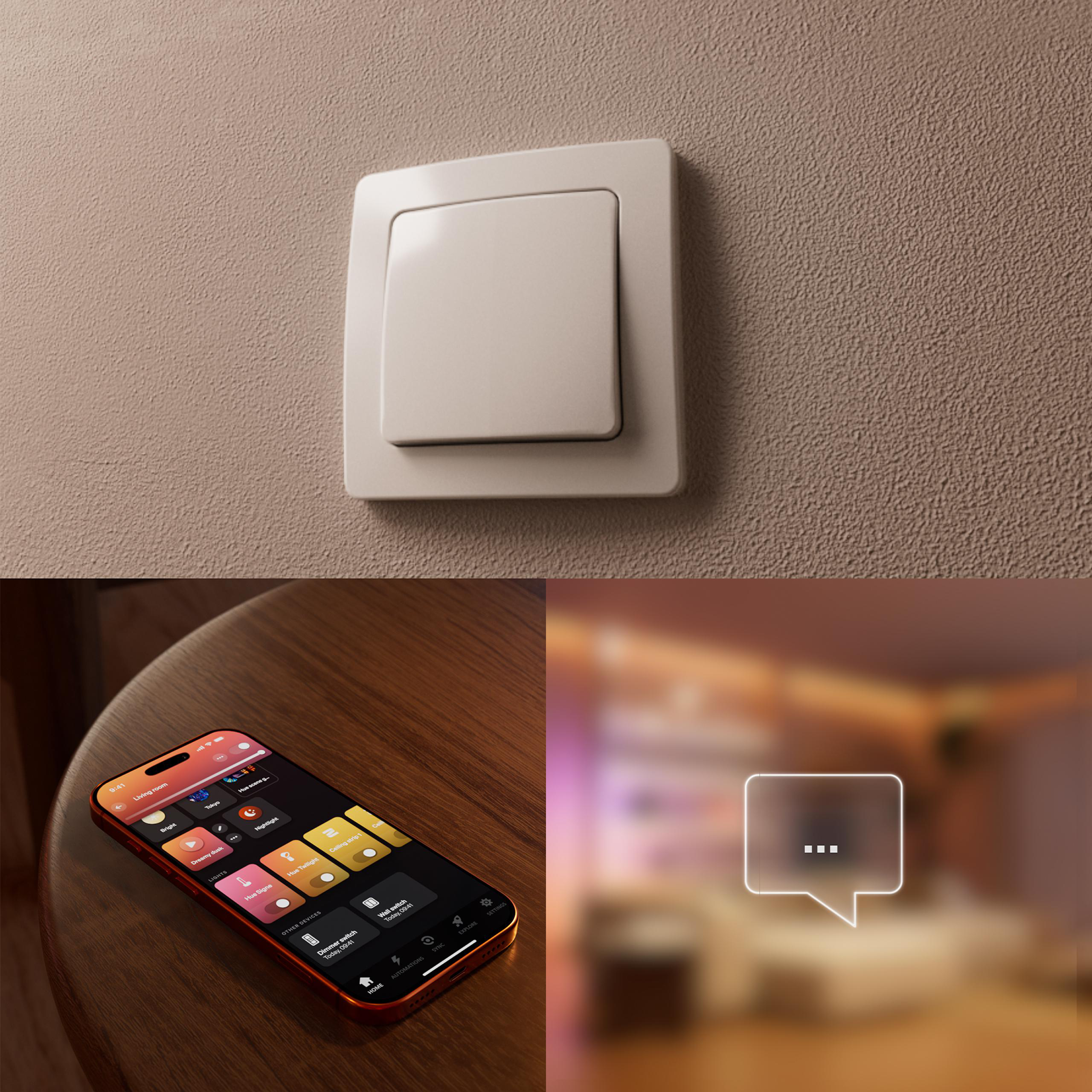 Ein Lichtschalter an einer Wand, daneben ein Smartphone mit Smart-Home-App.